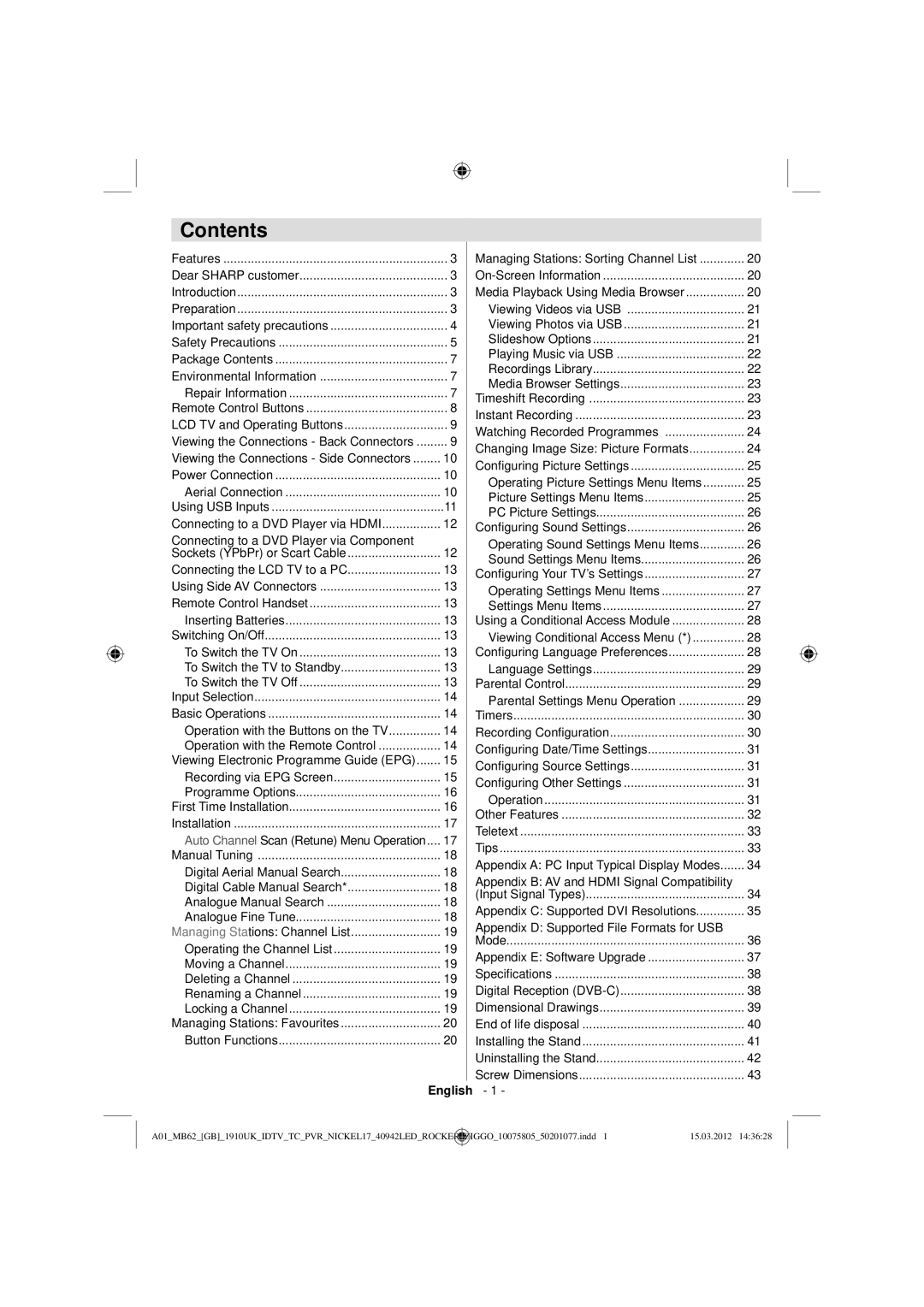 Sharp LC-40LE240E operation manual Contents 