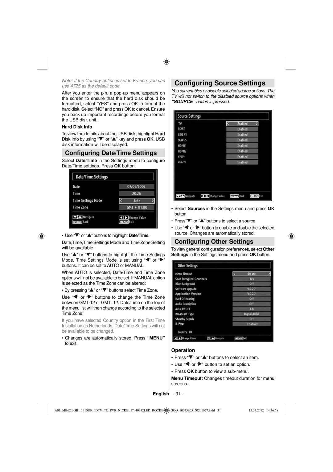 Sharp LC-40LE240E Conﬁguring Source Settings, Conﬁguring Date/Time Settings, Conﬁguring Other Settings, Hard Disk Info 