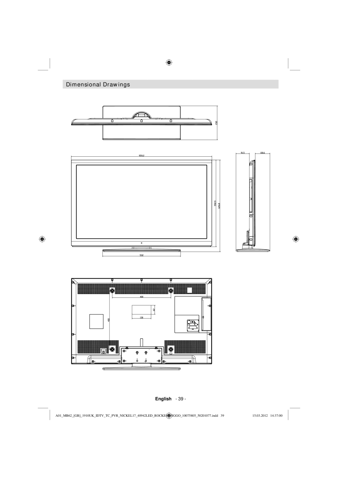 Sharp LC-40LE240E operation manual Dimensional Drawings 