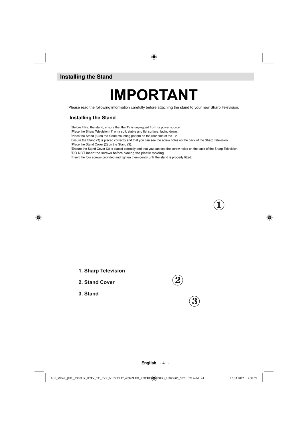 Sharp LC-40LE240E operation manual Installing the Stand 