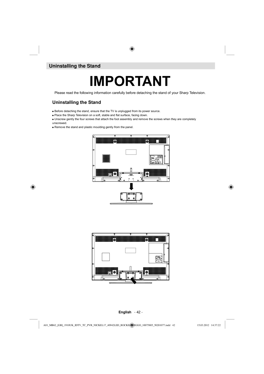 Sharp LC-40LE240E operation manual Uninstalling the Stand 