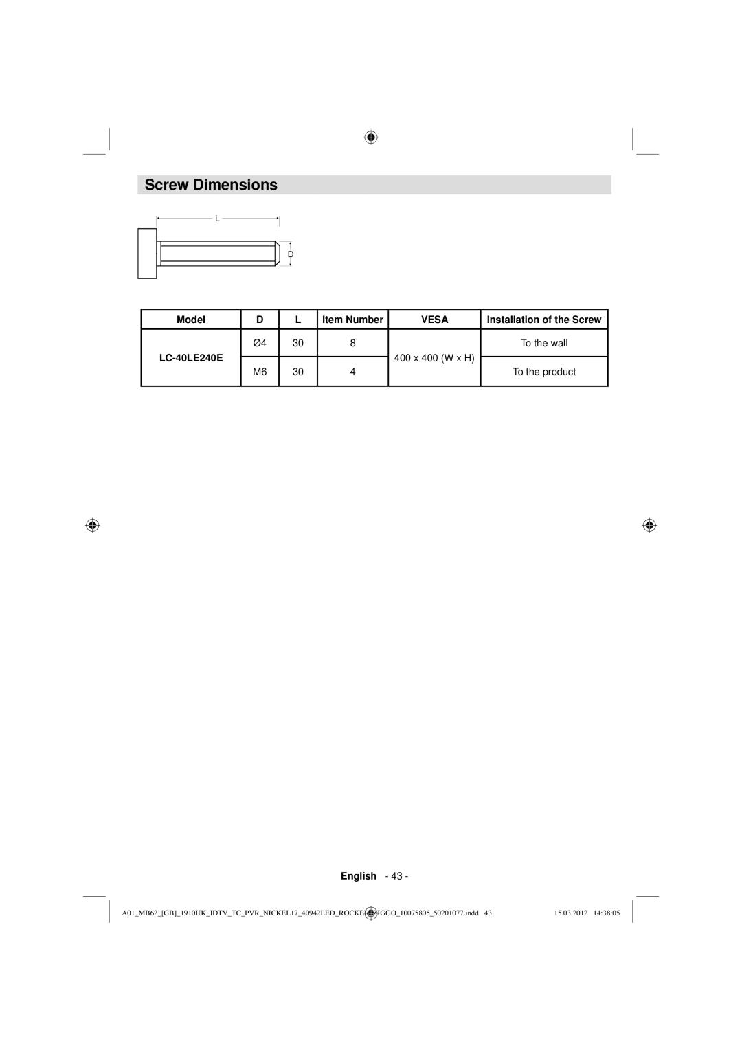 Sharp LC-40LE240E operation manual Screw Dimensions, Model 