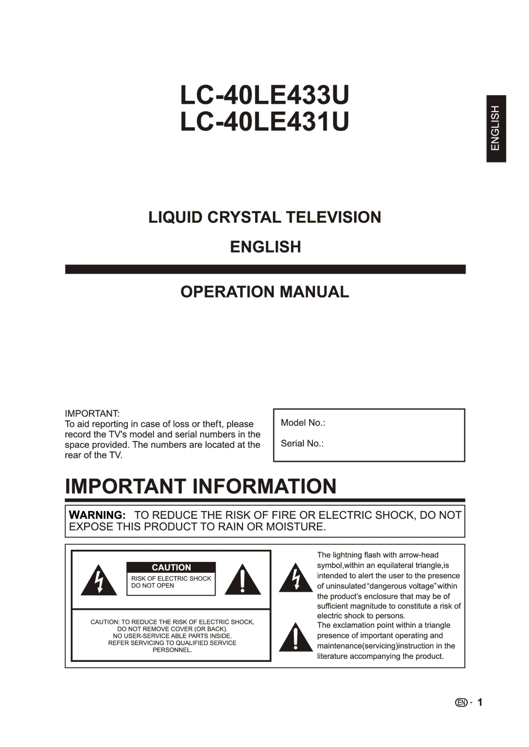 Sharp LC-40LE433U, LC-40LE431U manual 