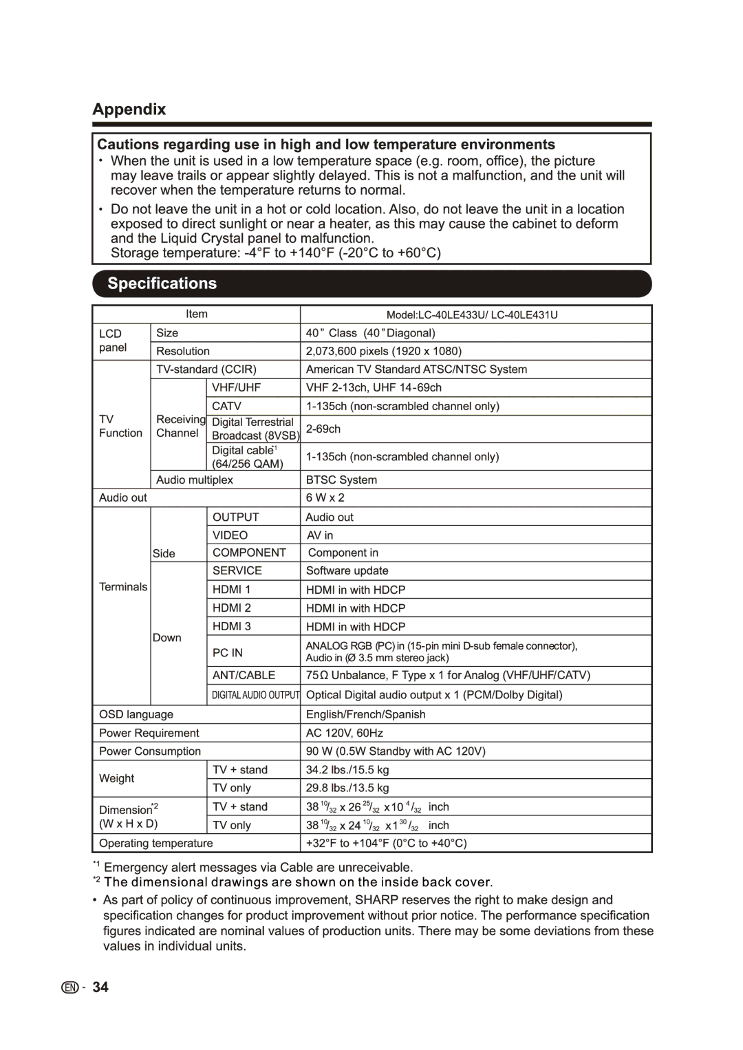 Sharp LC-40LE431U, LC-40LE433U manual 