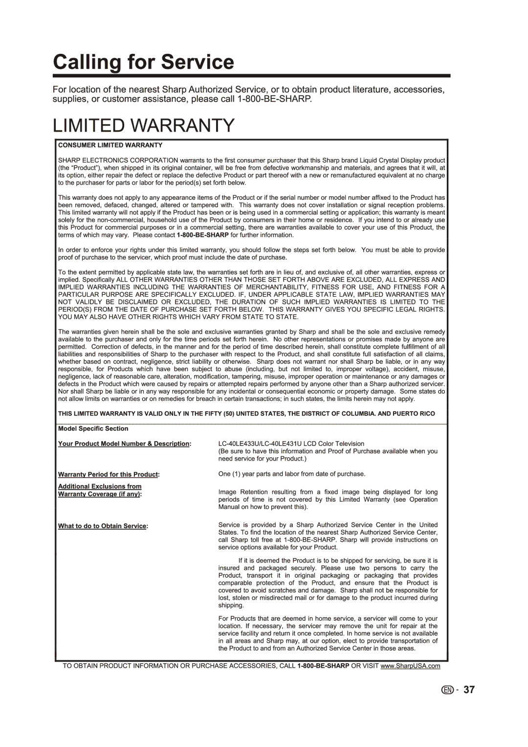 Sharp LC-40LE433U, LC-40LE431U manual 