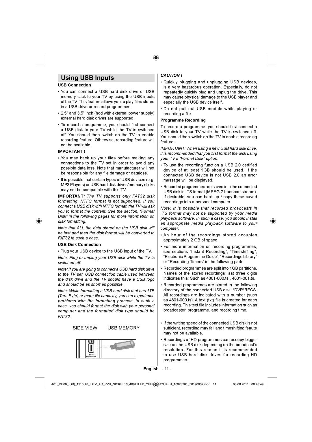 Sharp LC-40LE510E operation manual Using USB Inputs, USB Connection, USB Disk Connection, Programme Recording 