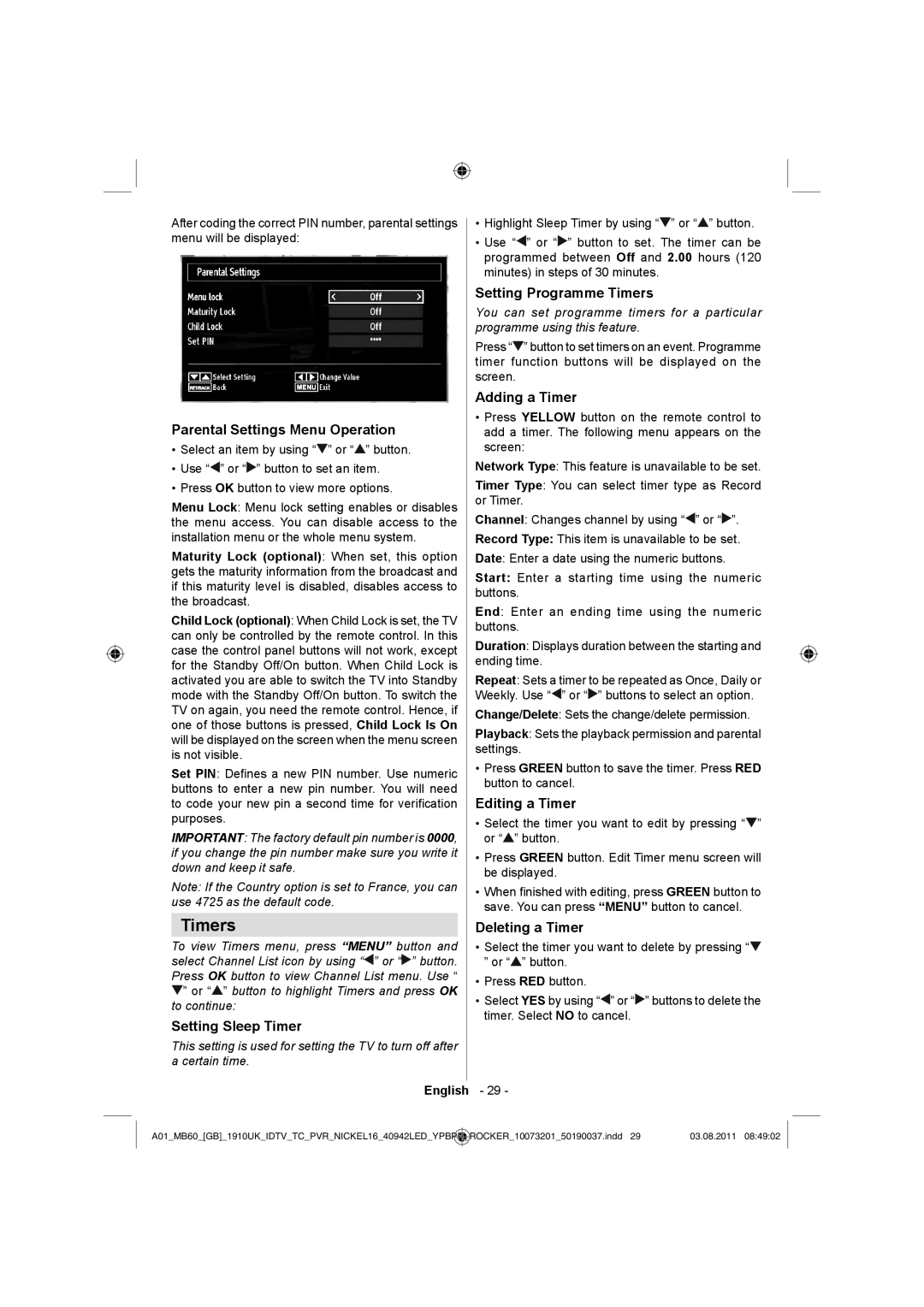 Sharp LC-40LE510E operation manual Timers 