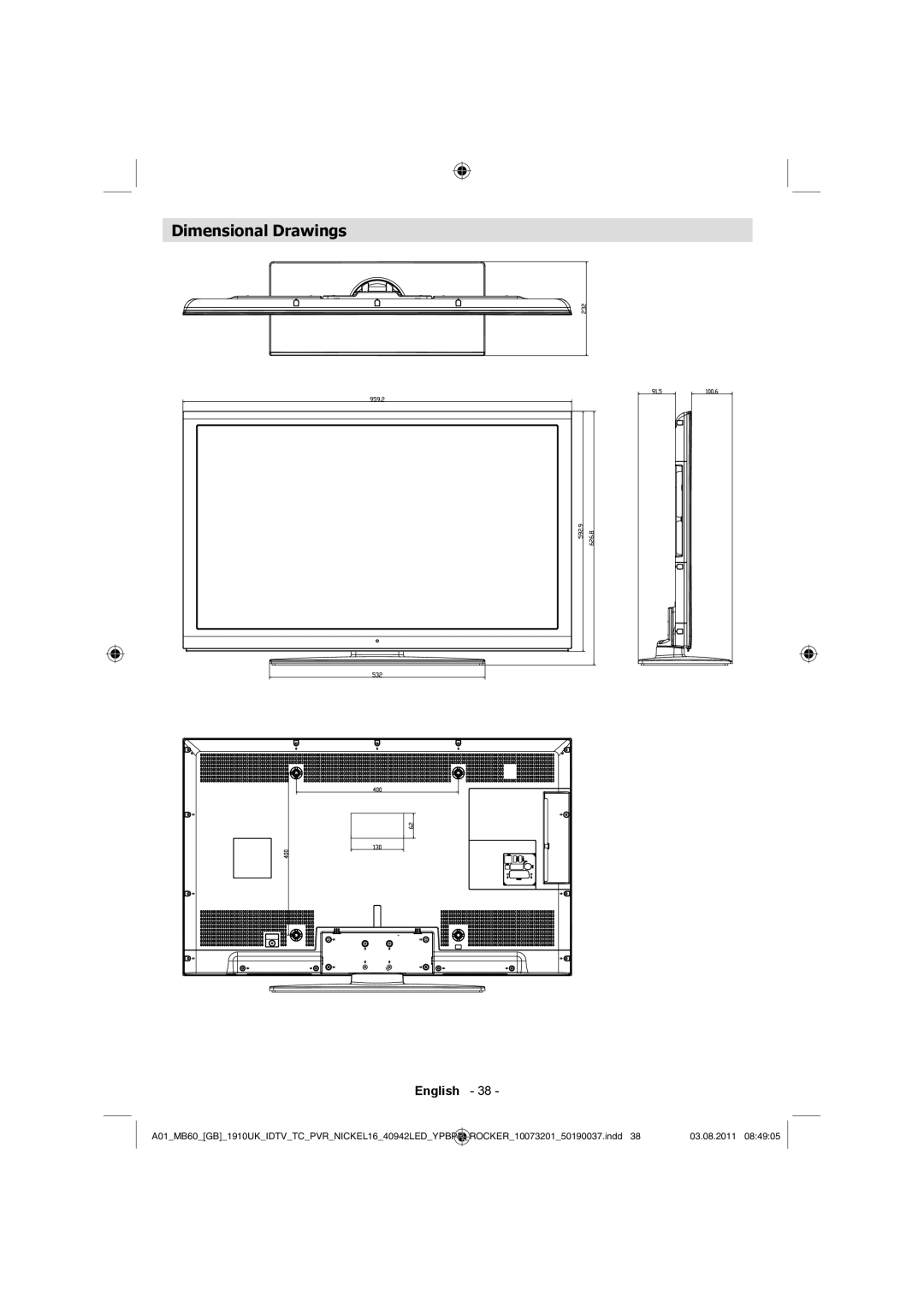 Sharp LC-40LE510E operation manual Dimensional Drawings 