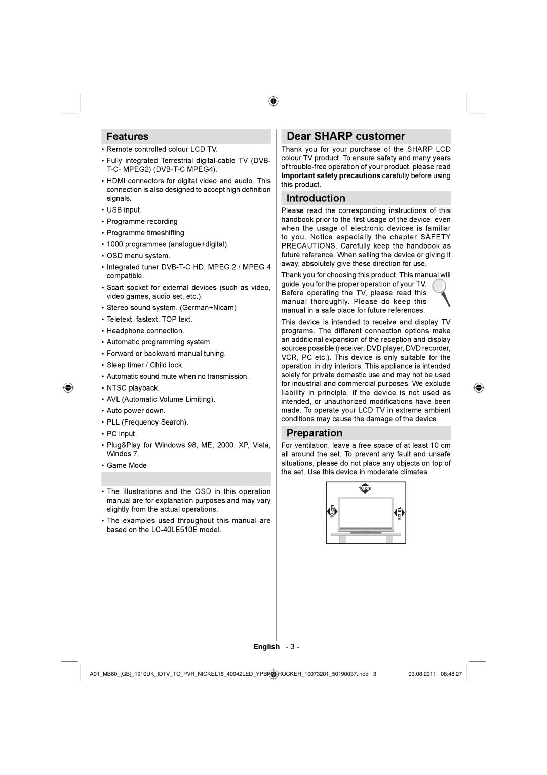 Sharp LC-40LE510E operation manual Dear Sharp customer, Features, Introduction, Preparation 