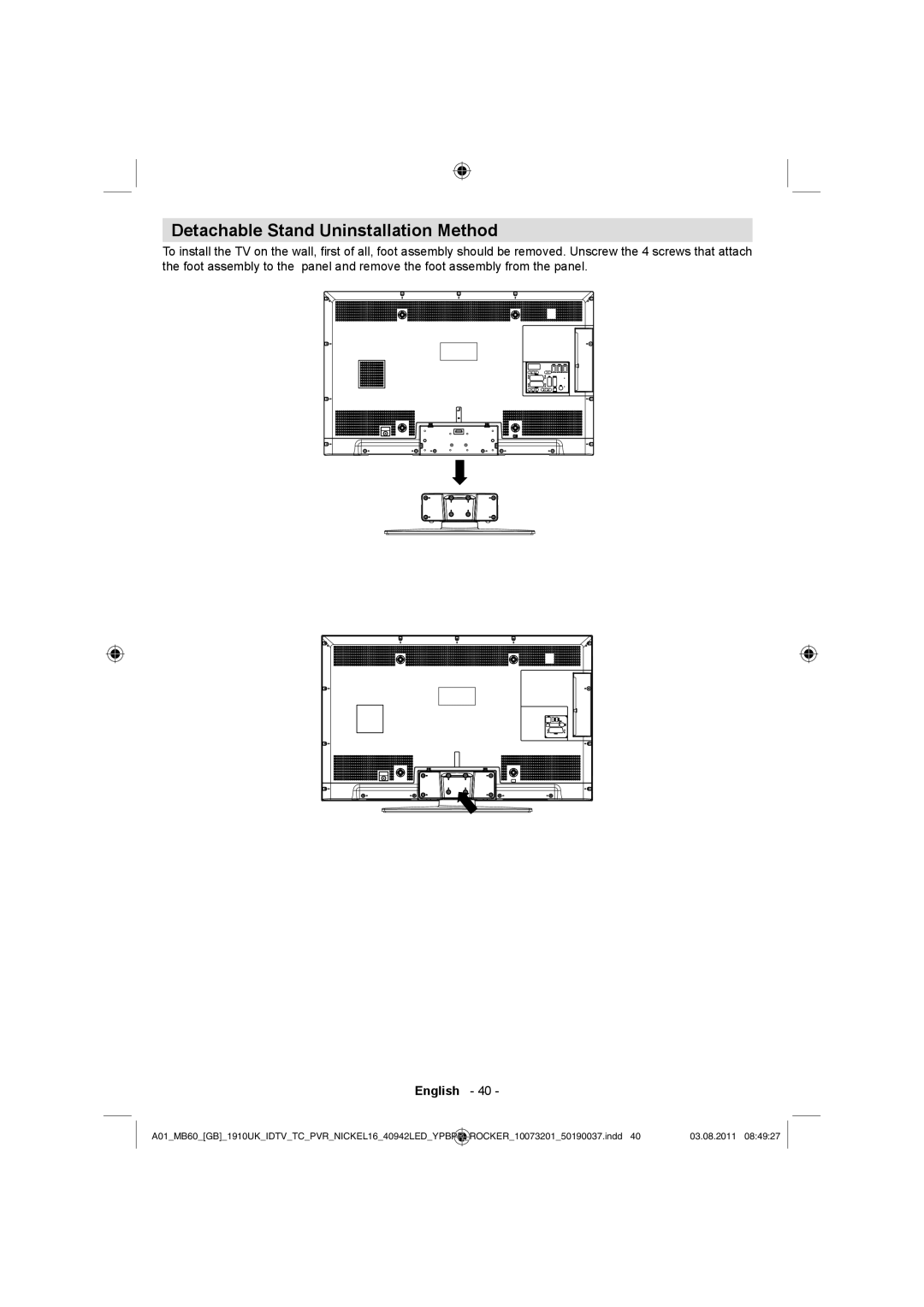 Sharp LC-40LE510E operation manual Detachable Stand Uninstallation Method 