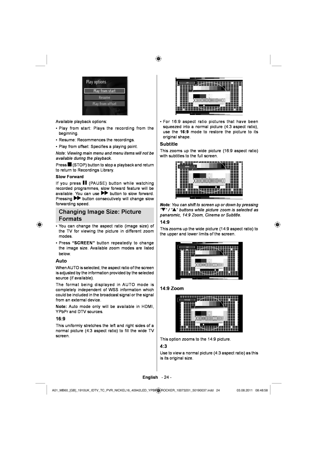Sharp LC-40LE510E operation manual Changing Image Size Picture Formats, Auto, Subtitle, Zoom, Slow Forward, English 