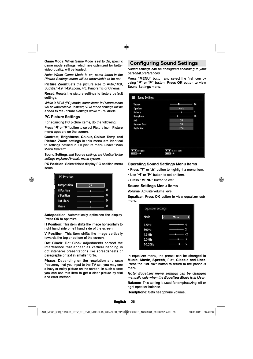 Sharp LC-40LE510E Conﬁguring Sound Settings, PC Picture Settings, Operating Sound Settings Menu Items, English 