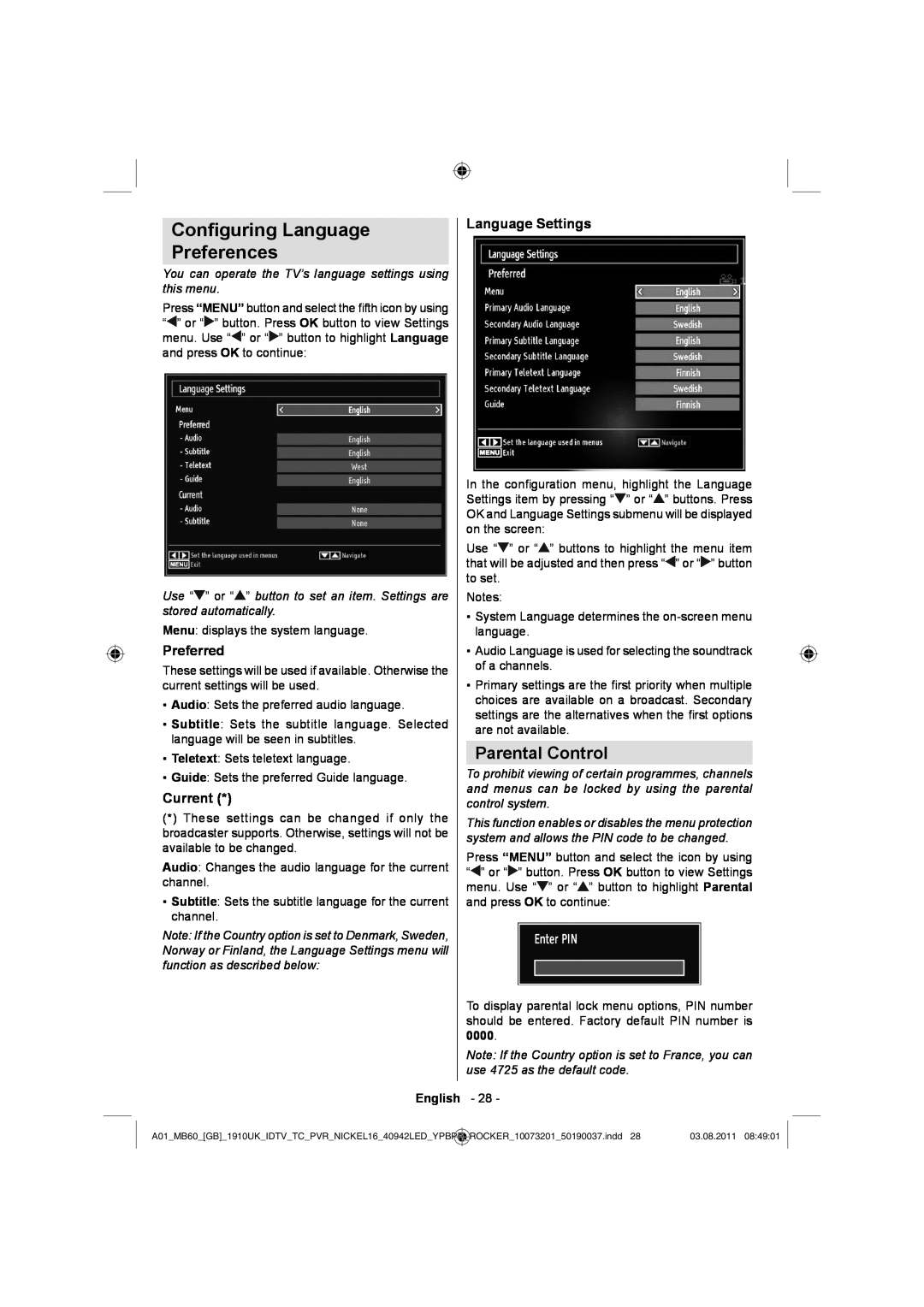 Sharp LC-40LE510E Conﬁguring Language Preferences, Parental Control, Preferred, Current, Language Settings, English 