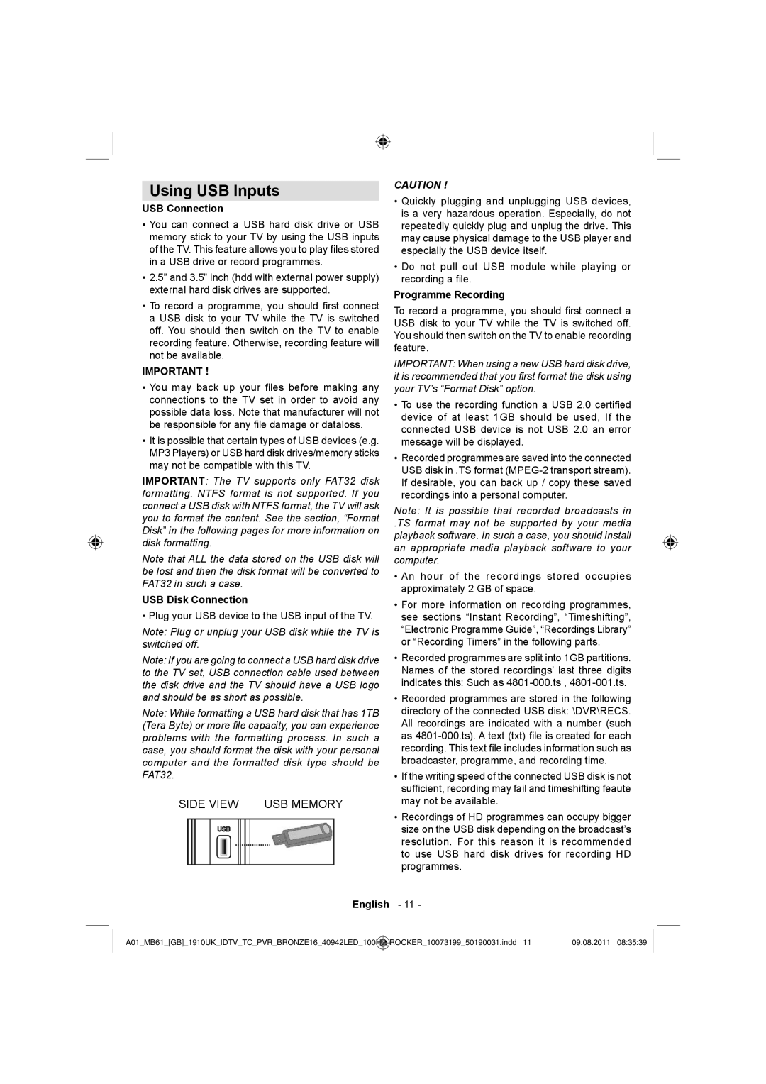 Sharp LC-40LE530E operation manual Using USB Inputs, USB Connection, USB Disk Connection, Programme Recording 