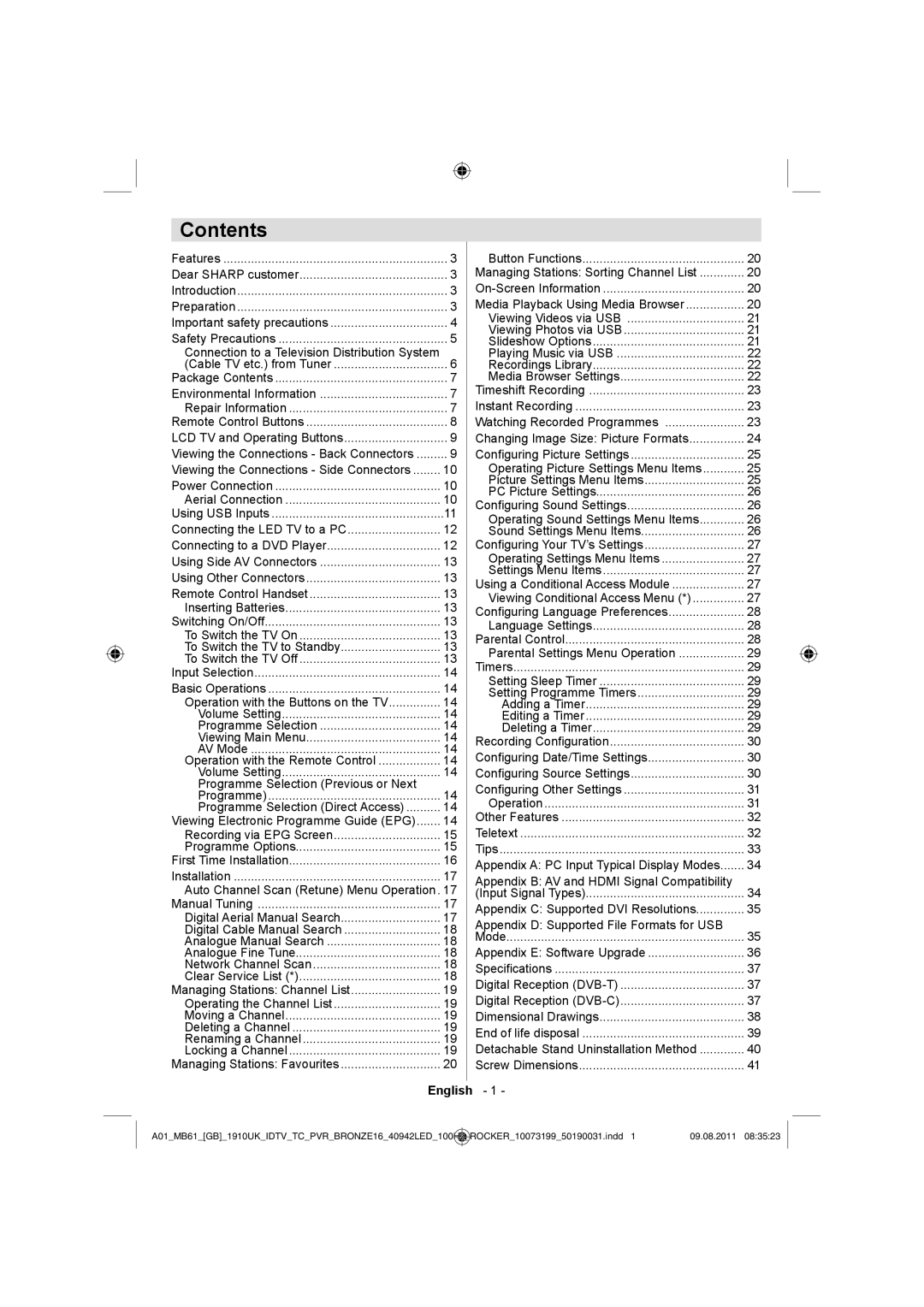 Sharp LC-40LE530E operation manual Contents 