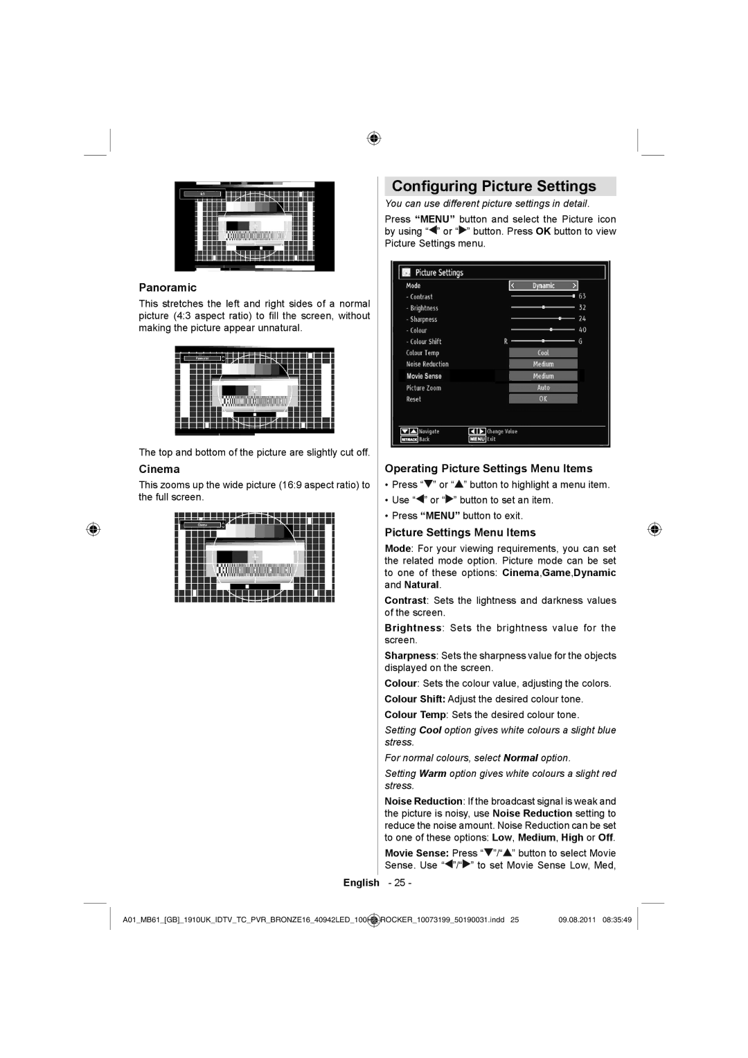 Sharp LC-40LE530E operation manual Conﬁguring Picture Settings, Panoramic, Cinema, Operating Picture Settings Menu Items 