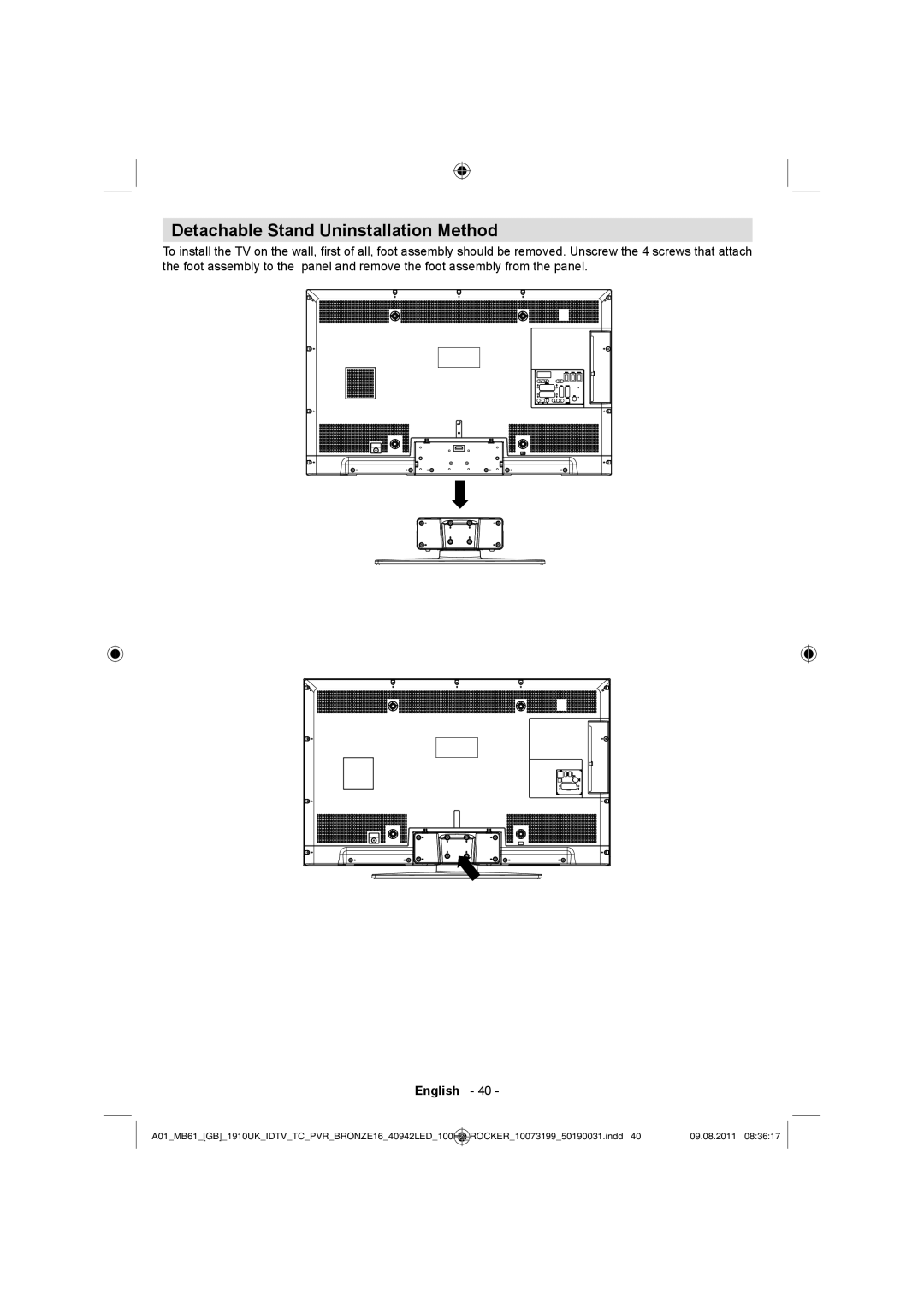 Sharp LC-40LE530E operation manual Detachable Stand Uninstallation Method 