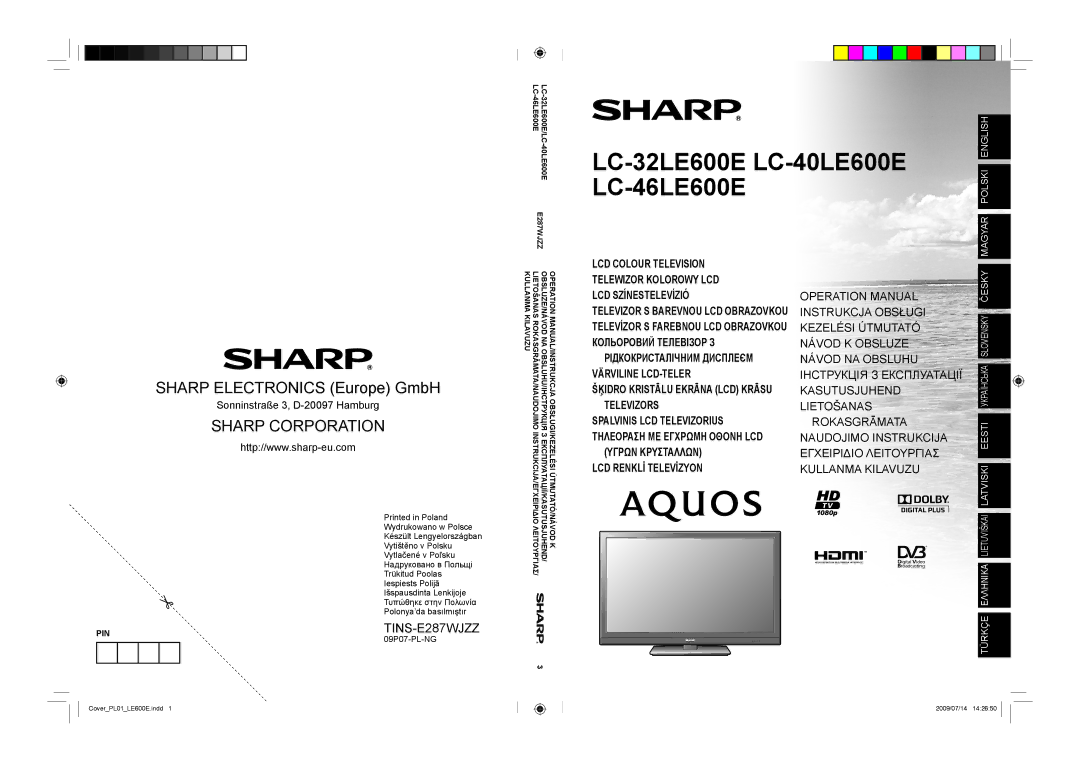 Sharp LC-40LE600E operation manual Készült Lengyelországban, LC-32LE600E/LC LC-46LE600E 