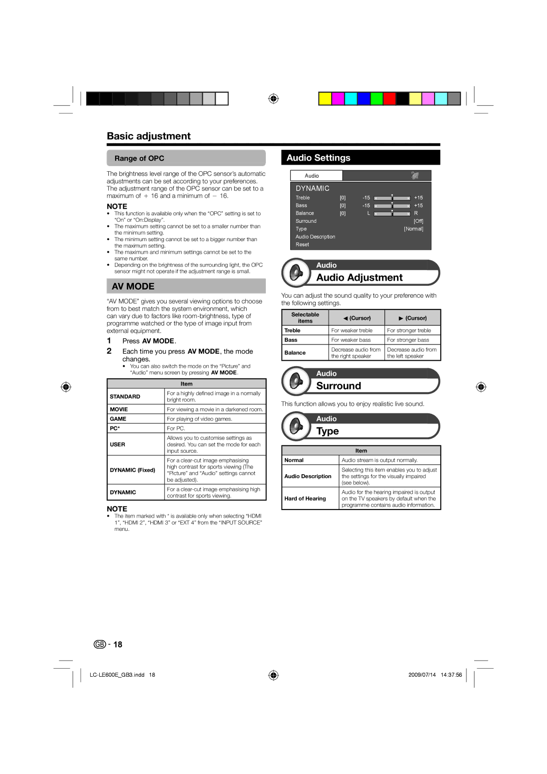 Sharp LC-46LE600E, LC-40LE600E, LC-32LE600E Basic adjustment, Audio Adjustment, Surround, Type, Audio Settings 