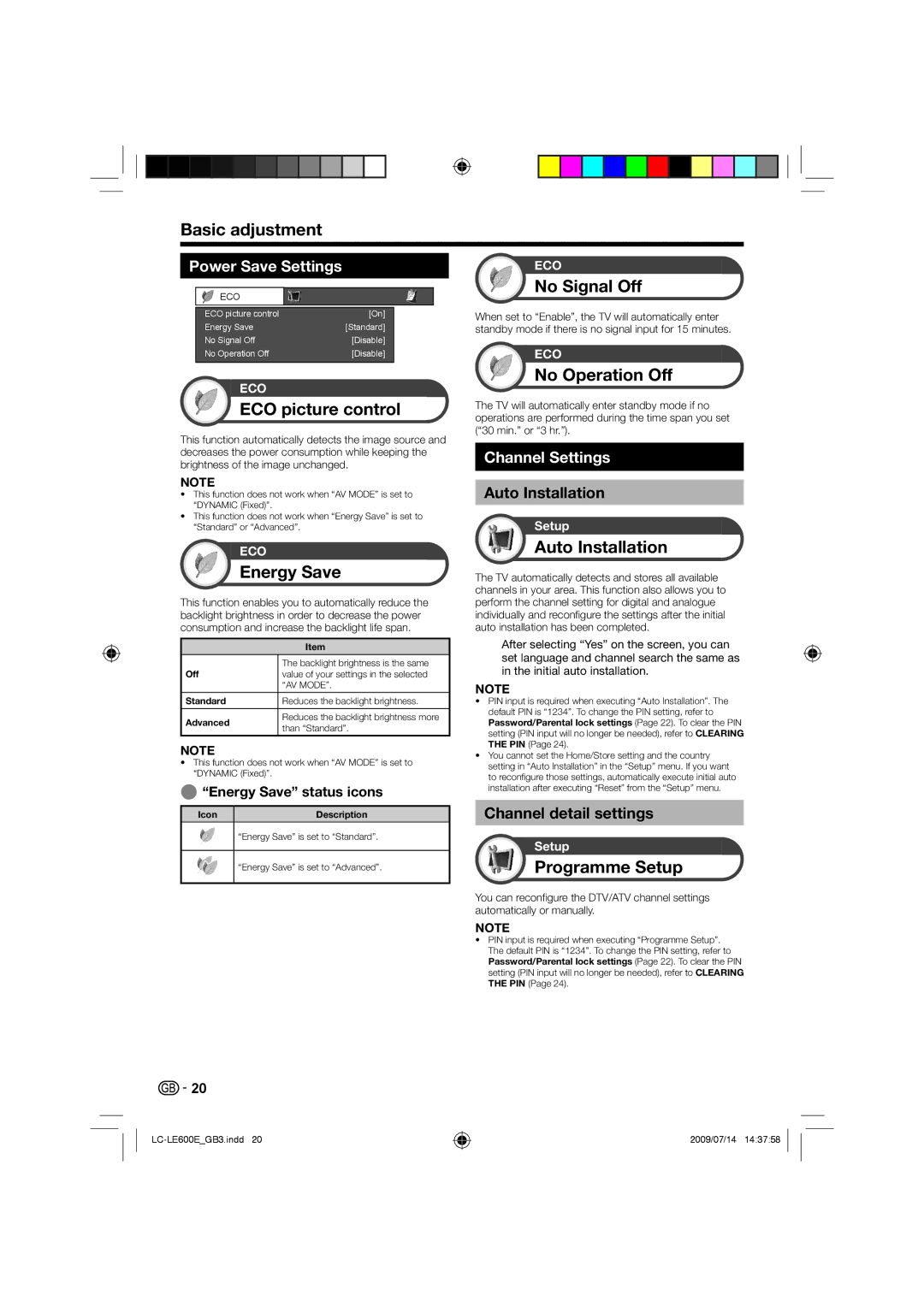 Sharp LC-32LE600E ECO picture control, Energy Save, No Signal Off, No Operation Off, Auto Installation, Programme Setup 