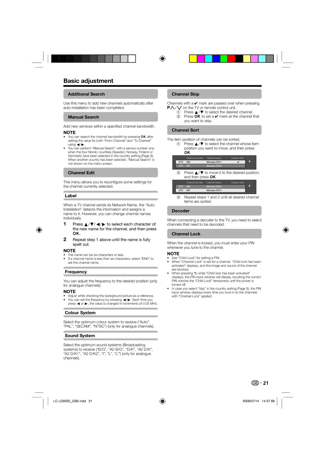 Sharp LC-46LE600E Additional Search, Manual Search, Channel Skip, Channel Sort, Channel Edit, Label, Frequency, Decoder 