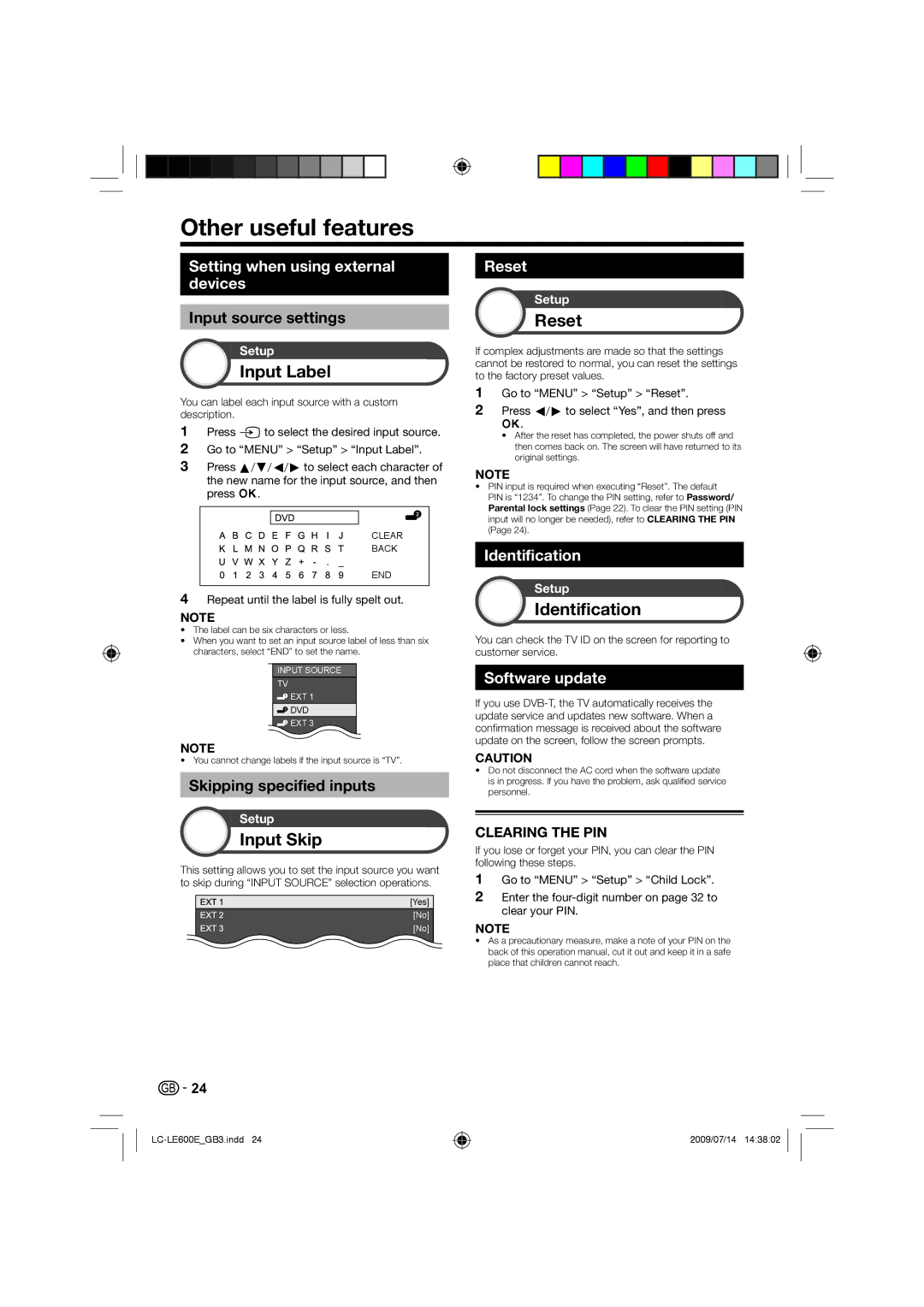 Sharp LC-46LE600E, LC-40LE600E, LC-32LE600E Other useful features, Input Label, Input Skip, Reset, Identification 