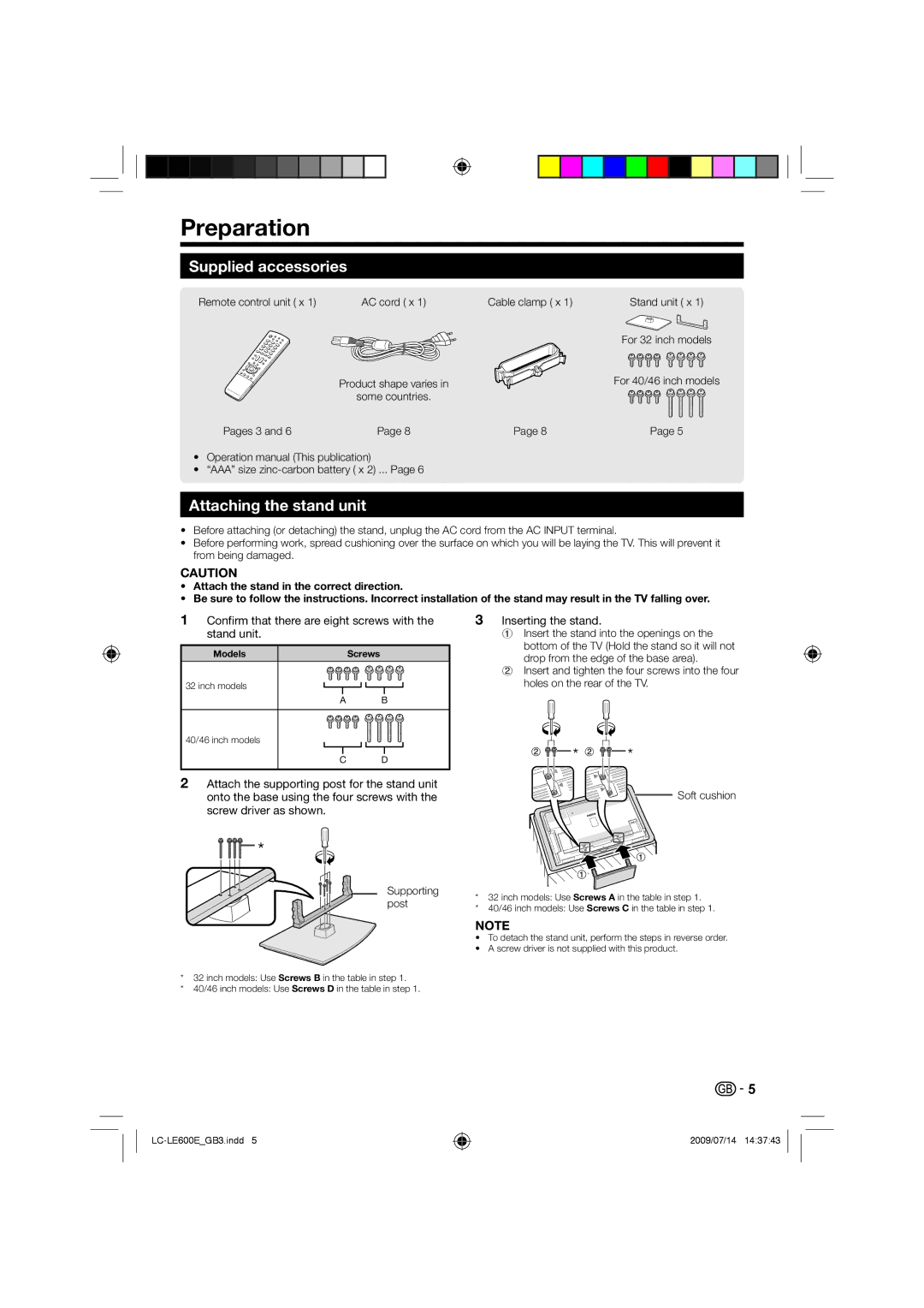 Sharp LC-32LE600E, LC-40LE600E Preparation, Supplied accessories, Attaching the stand unit, Inserting the stand 