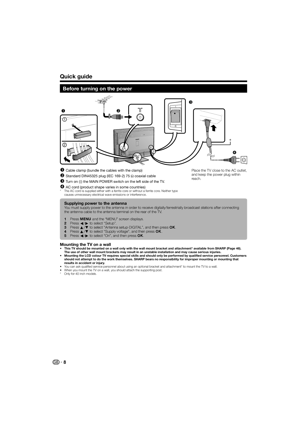 Sharp LC-46LE700E Quick guide, Before turning on the power, Supplying power to the antenna, Mounting the TV on a wall 