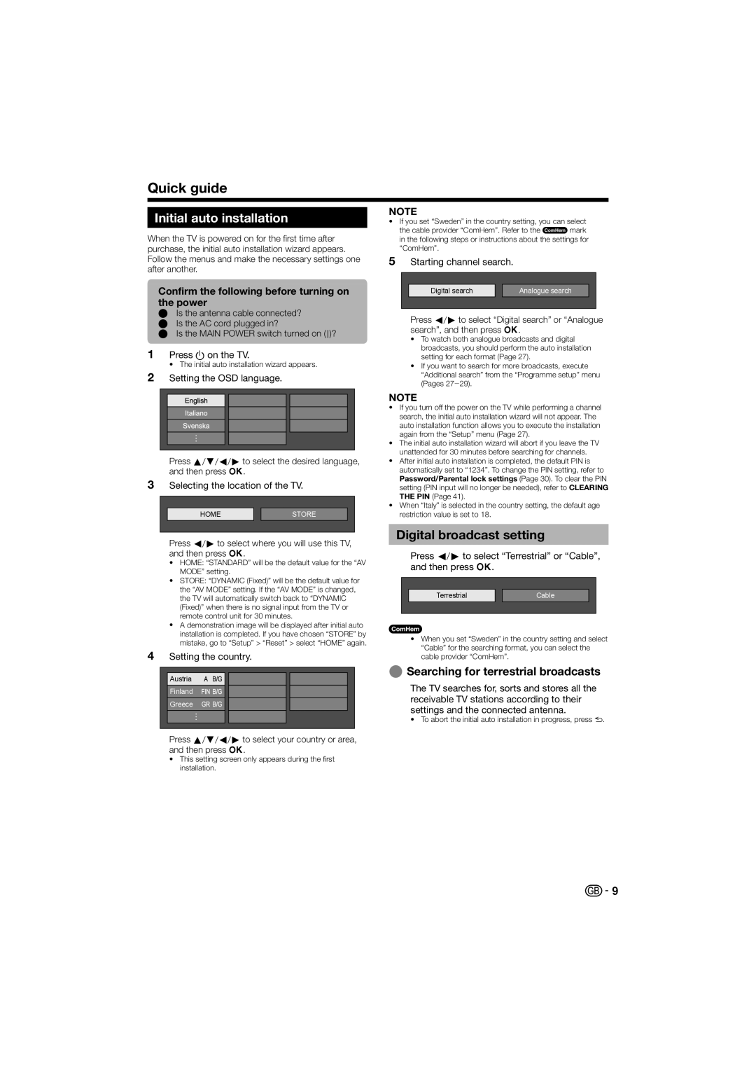 Sharp LC-46LE700S LC-52LE700E LC-52LE700S, LC-40LE700S, LC-40LE700E Initial auto installation, Digital broadcast setting 