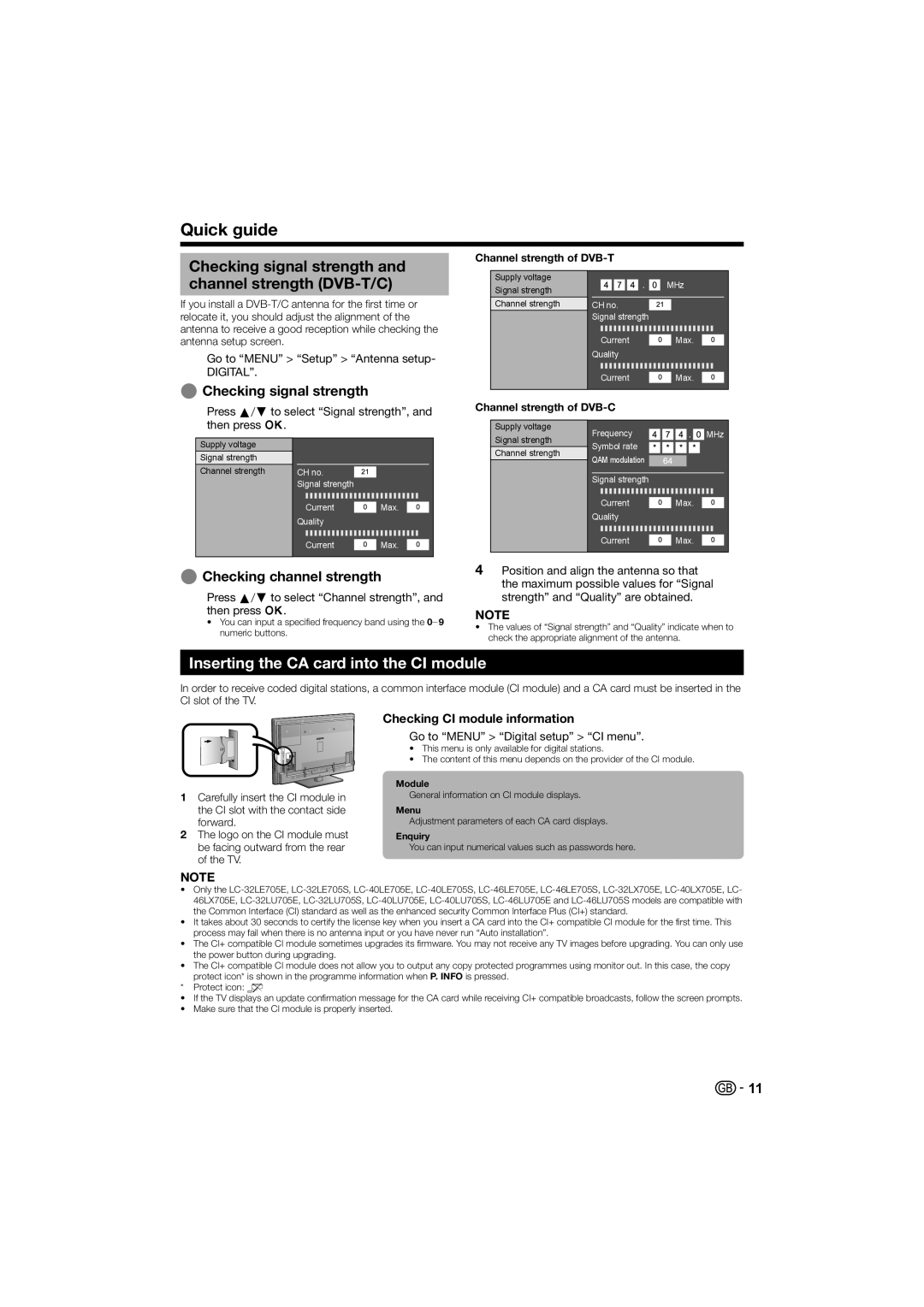 Sharp LC-40LE700E Checking signal strength and channel strength DVB-T/C, Inserting the CA card into the CI module 