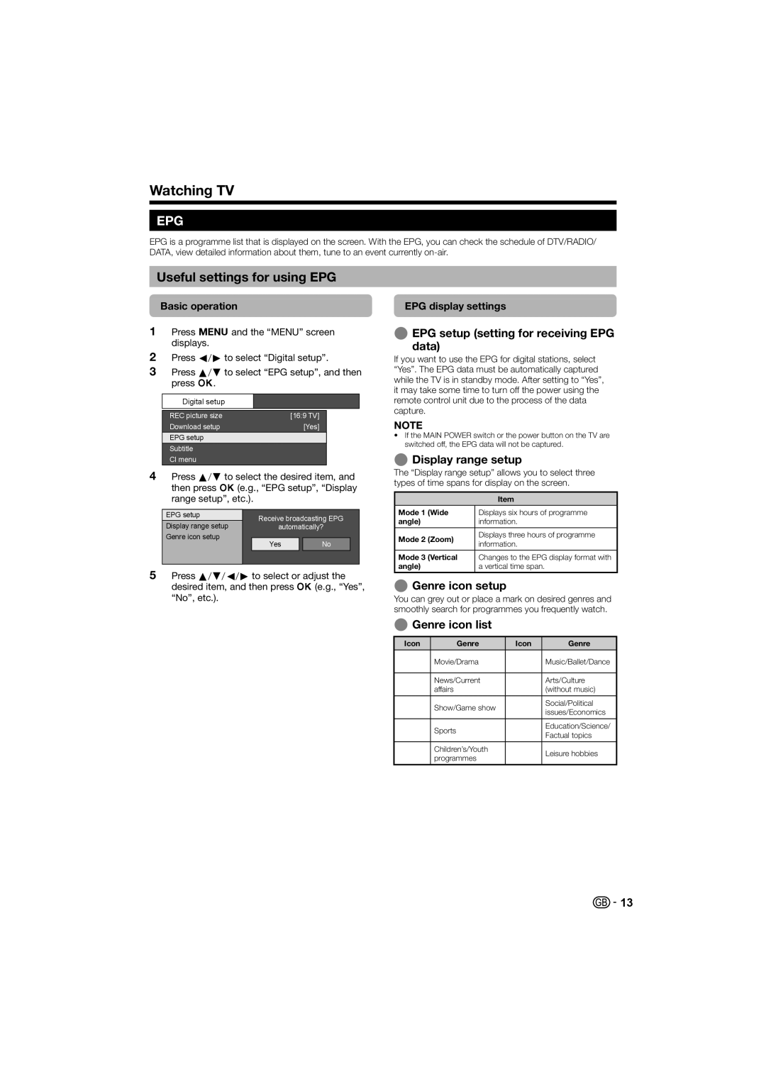 Sharp LC-32LE700S EPG setup setting for receiving EPG Data, Display range setup, Genre icon setup, Genre icon list 