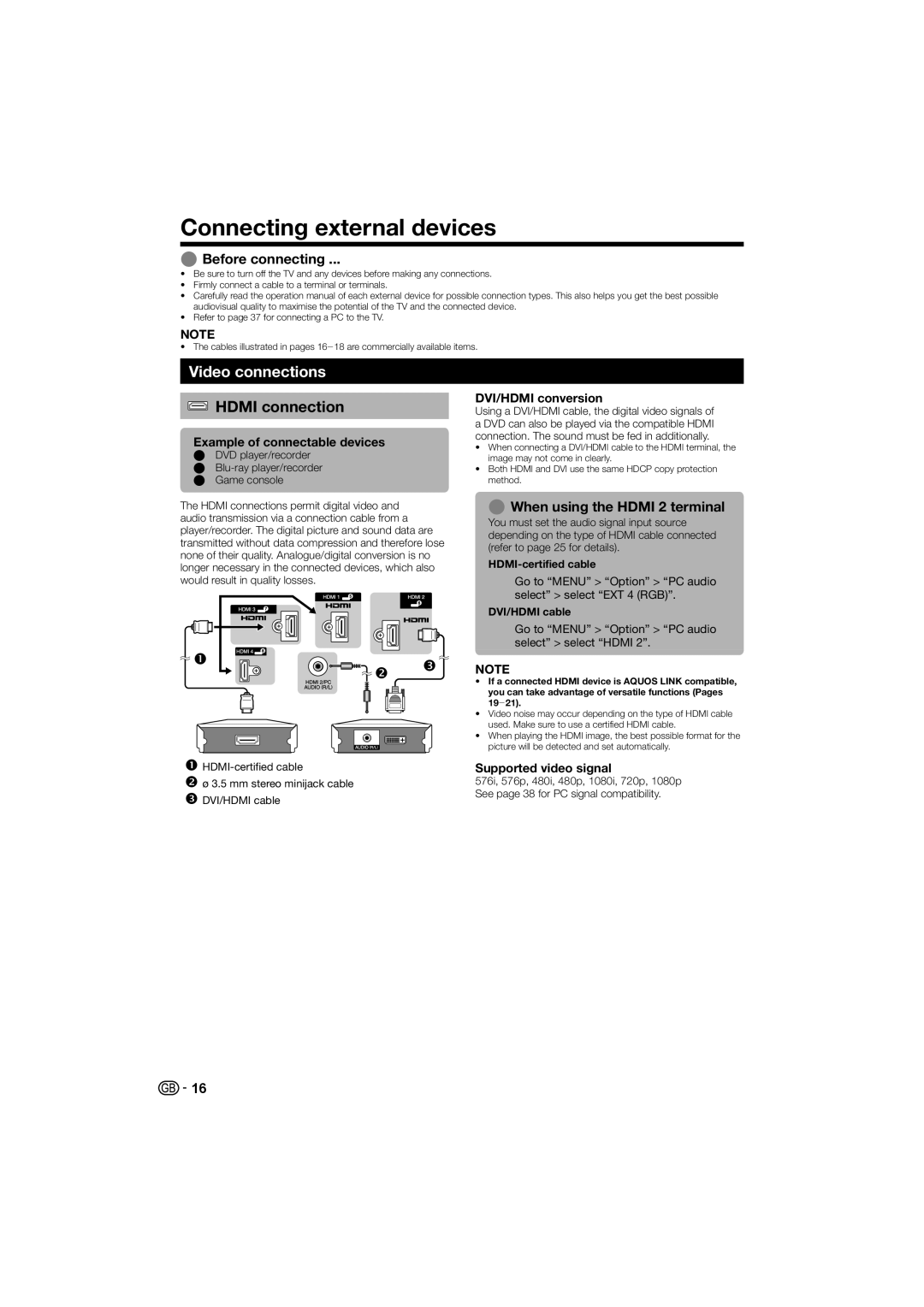 Sharp LC-40LE700S, LC-40LE700E Connecting external devices, Video connections, Hdmi connection, Before connecting 