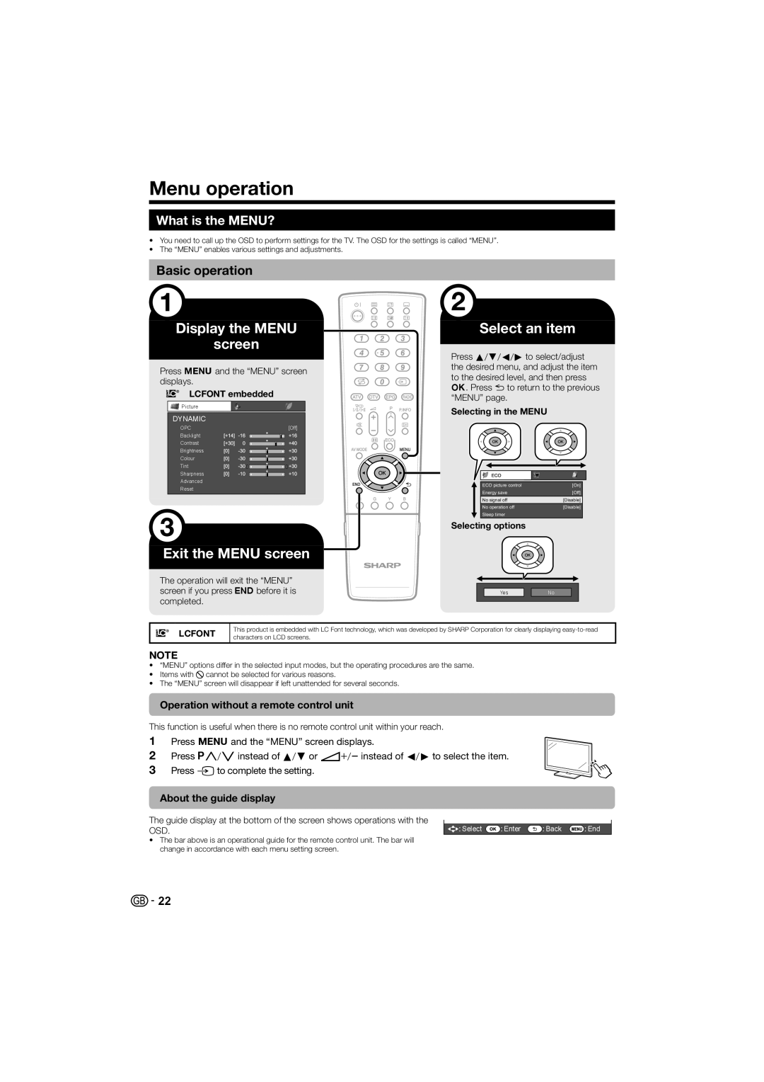 Sharp LC-40LE700S Menu operation, What is the MENU?, Operation without a remote control unit, About the guide display 