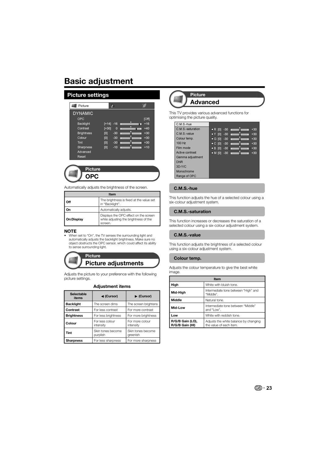 Sharp LC-40LE700E, LC-40LE700S, LC-32LE700E, LC-32LE700S Basic adjustment, Picture adjustments, Advanced, Picture settings 