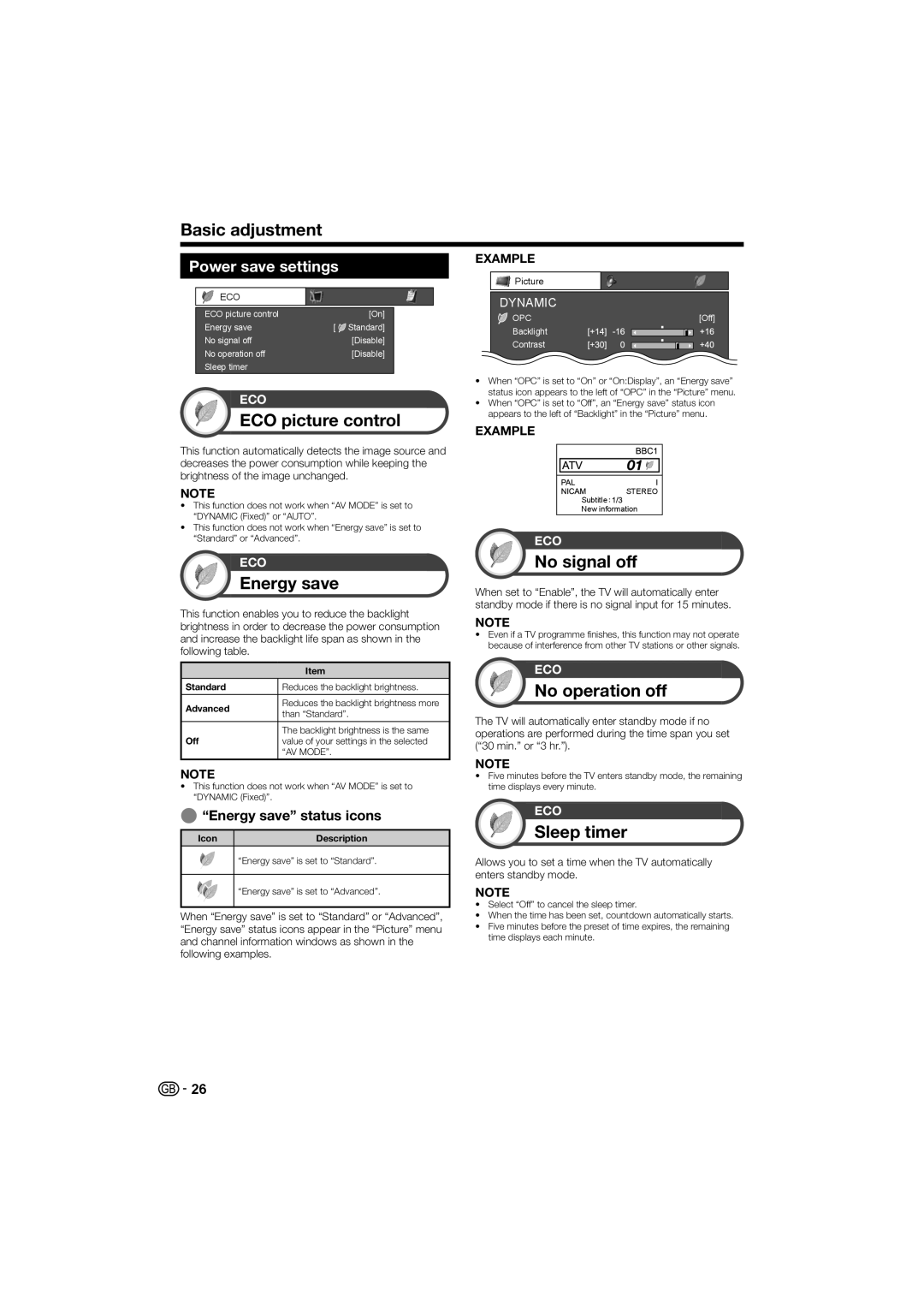 Sharp LC-46LE700E, LC-40LE700S, LC-40LE700E ECO picture control, Energy save, No signal off, No operation off, Sleep timer 