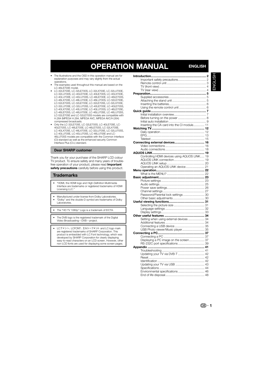 Sharp LC-32LE700S, LC-40LE700S, LC-40LE700E, LC-32LE700E, LC-46LE700E operation manual Trademarks, Dear Sharp customer 