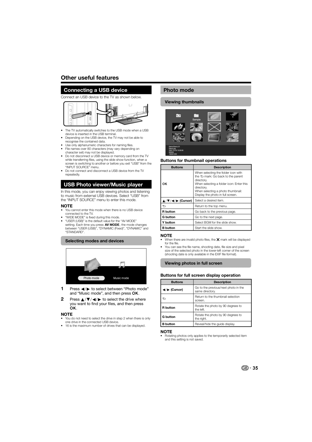 Sharp LC-40LE700E, LC-40LE700S Other useful features, Connecting a USB device, USB Photo viewer/Music player, Photo mode 