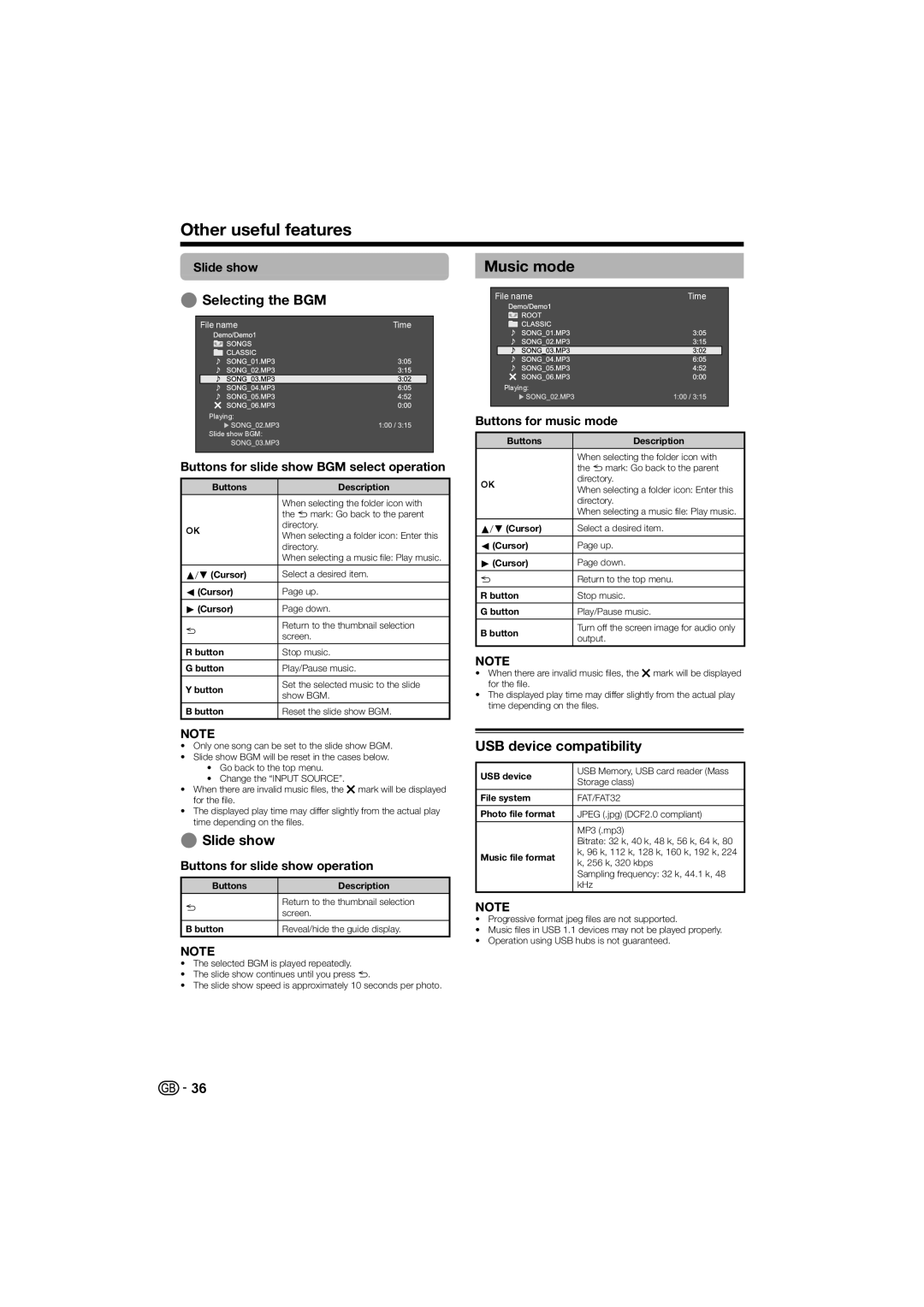 Sharp LC-32LE700E, LC-40LE700S, LC-40LE700E, LC-32LE700S Music mode, Selecting the BGM, Slide show, USB device compatibility 