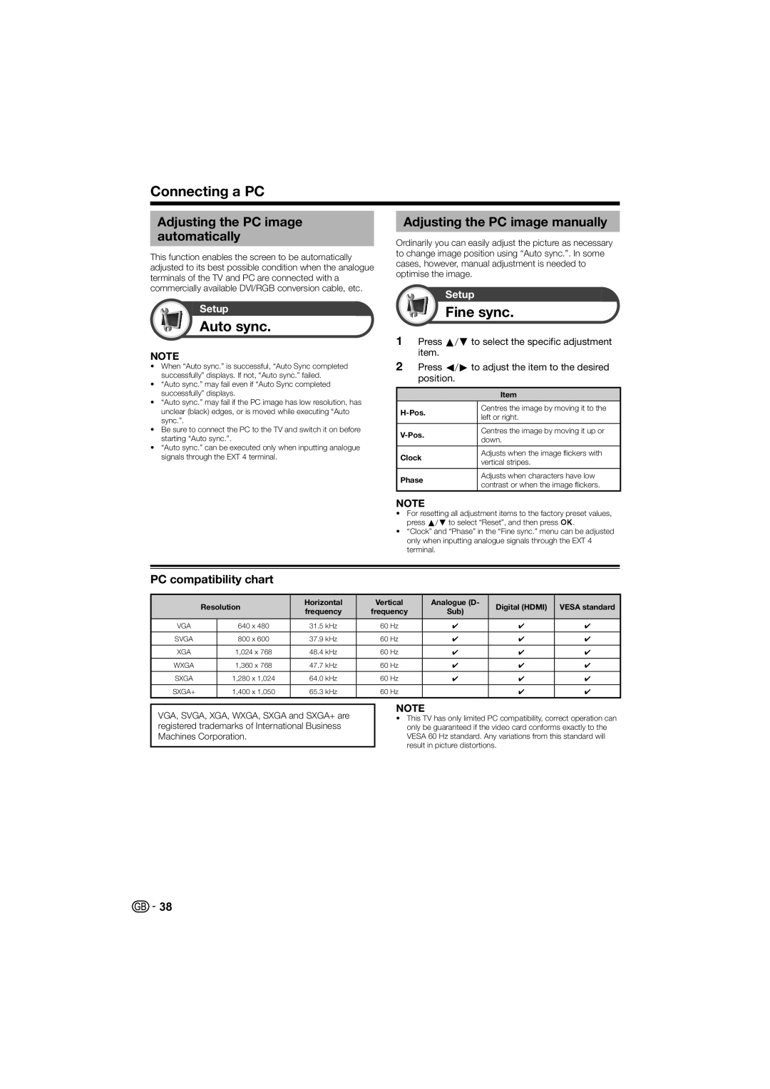 Sharp LC-46LE700E, LC-40LE700S, LC-40LE700E Connecting a PC, Auto sync, Fine sync, Adjusting the PC image automatically 