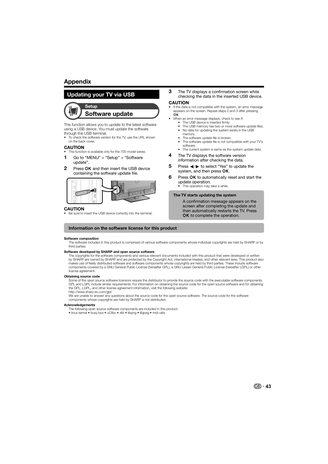 Sharp LC-32LE700S Software update, Updating your TV via USB, Information on the software license for this product 