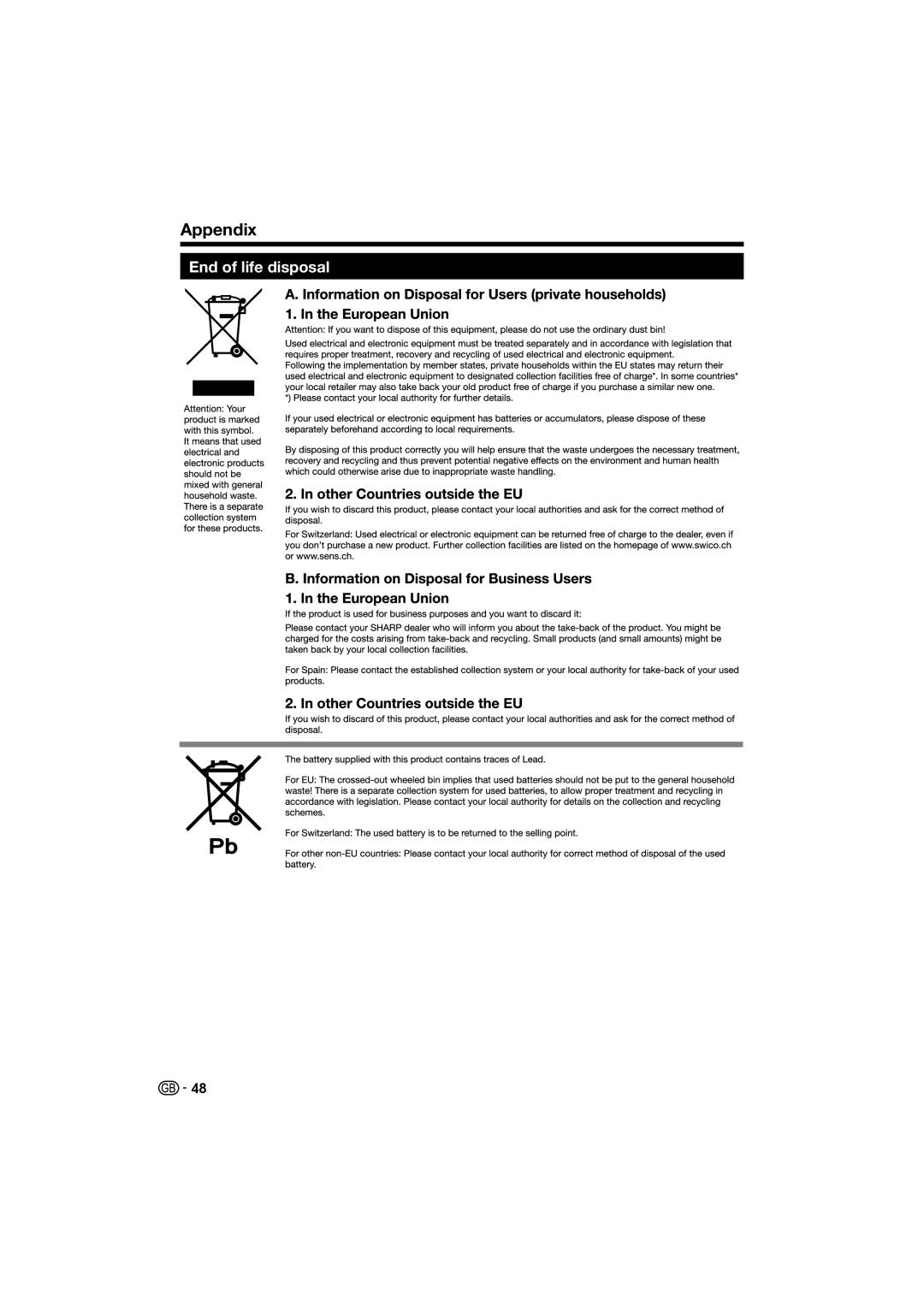 Sharp LC-32LE700E, LC-40LE700S, LC-40LE700E, LC-32LE700S, LC-46LE700E operation manual End of life disposal 