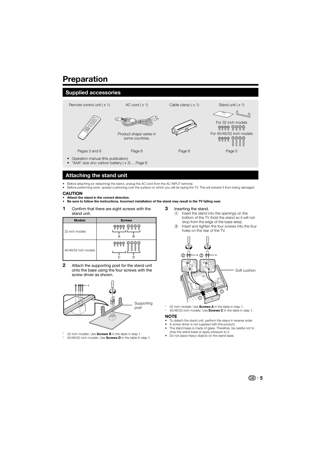 Sharp LC-40LE700E, LC-40LE700S Preparation, Supplied accessories, Attaching the stand unit, Inserting the stand 