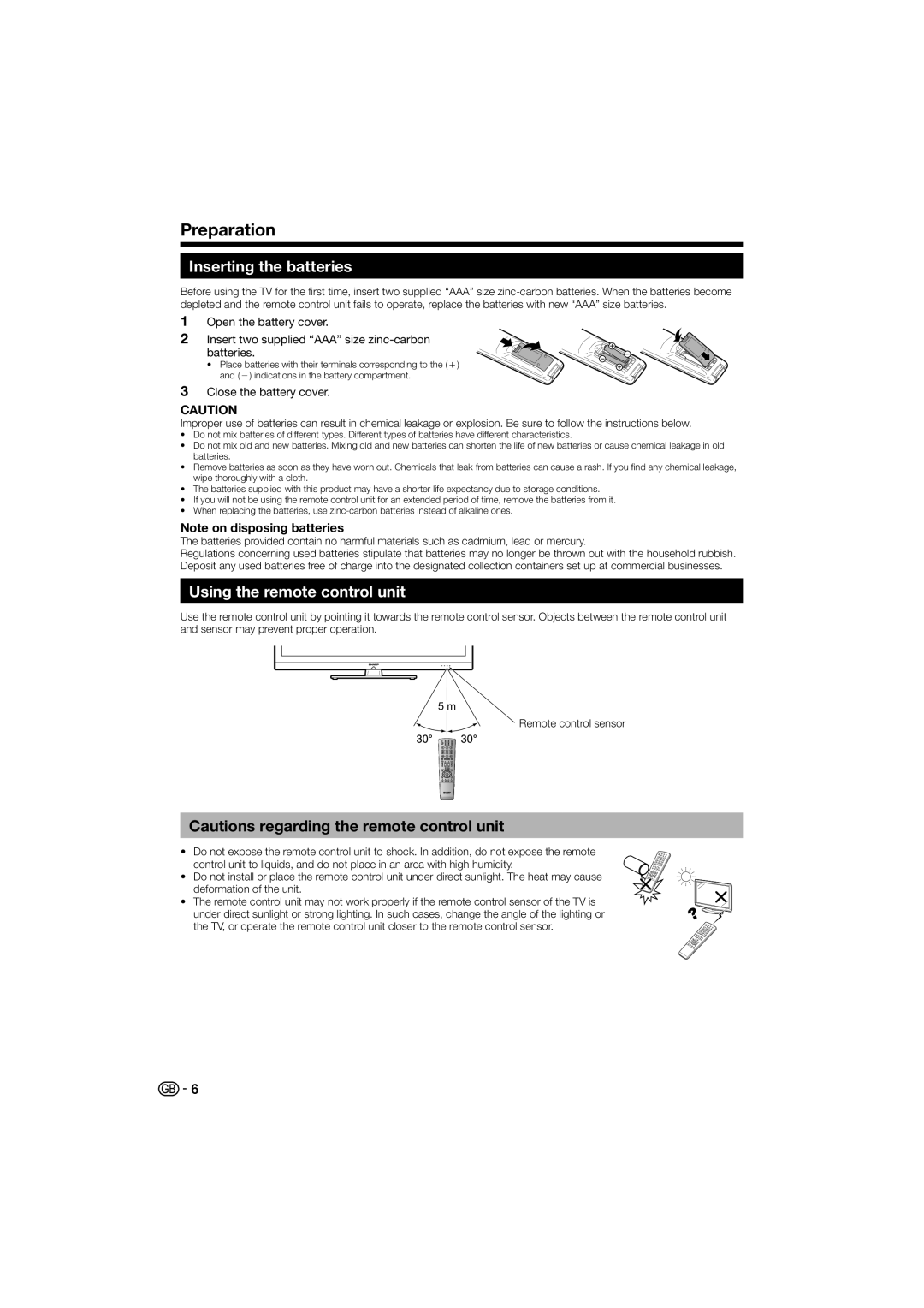 Sharp LC-32LE700E Preparation, Inserting the batteries, Using the remote control unit, Close the battery cover 