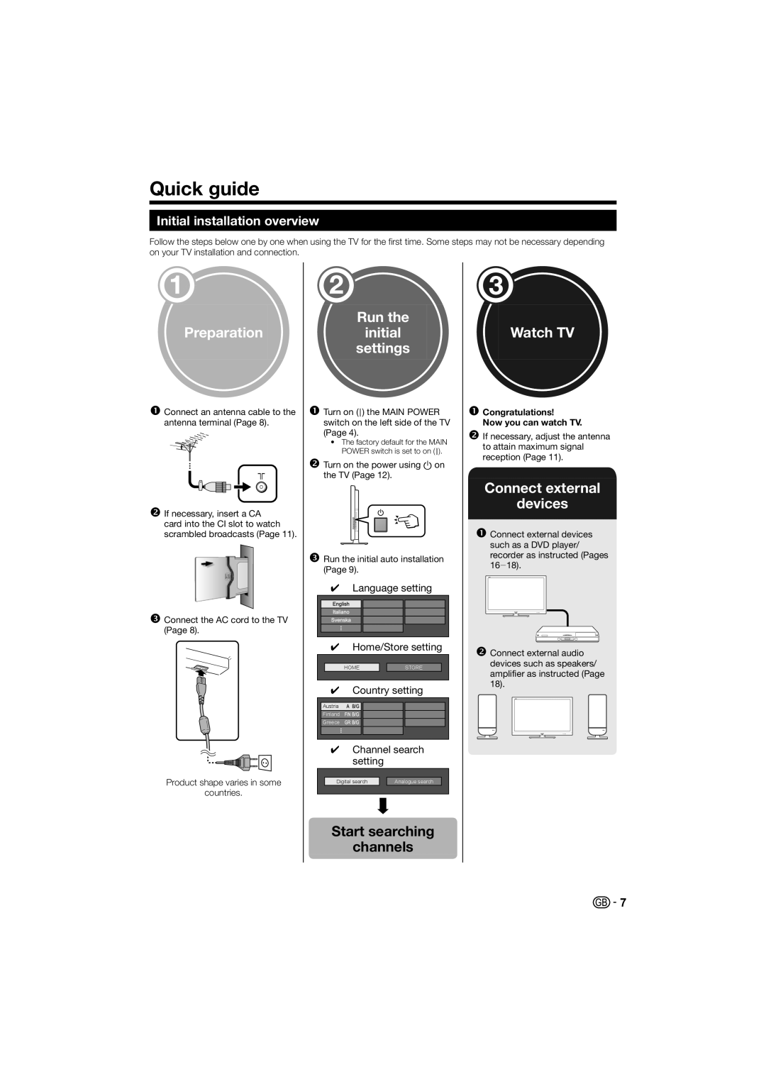 Sharp LC-32LE700S, LC-40LE700S, LC-40LE700E Quick guide, Start searching Channels, Initial installation overview 