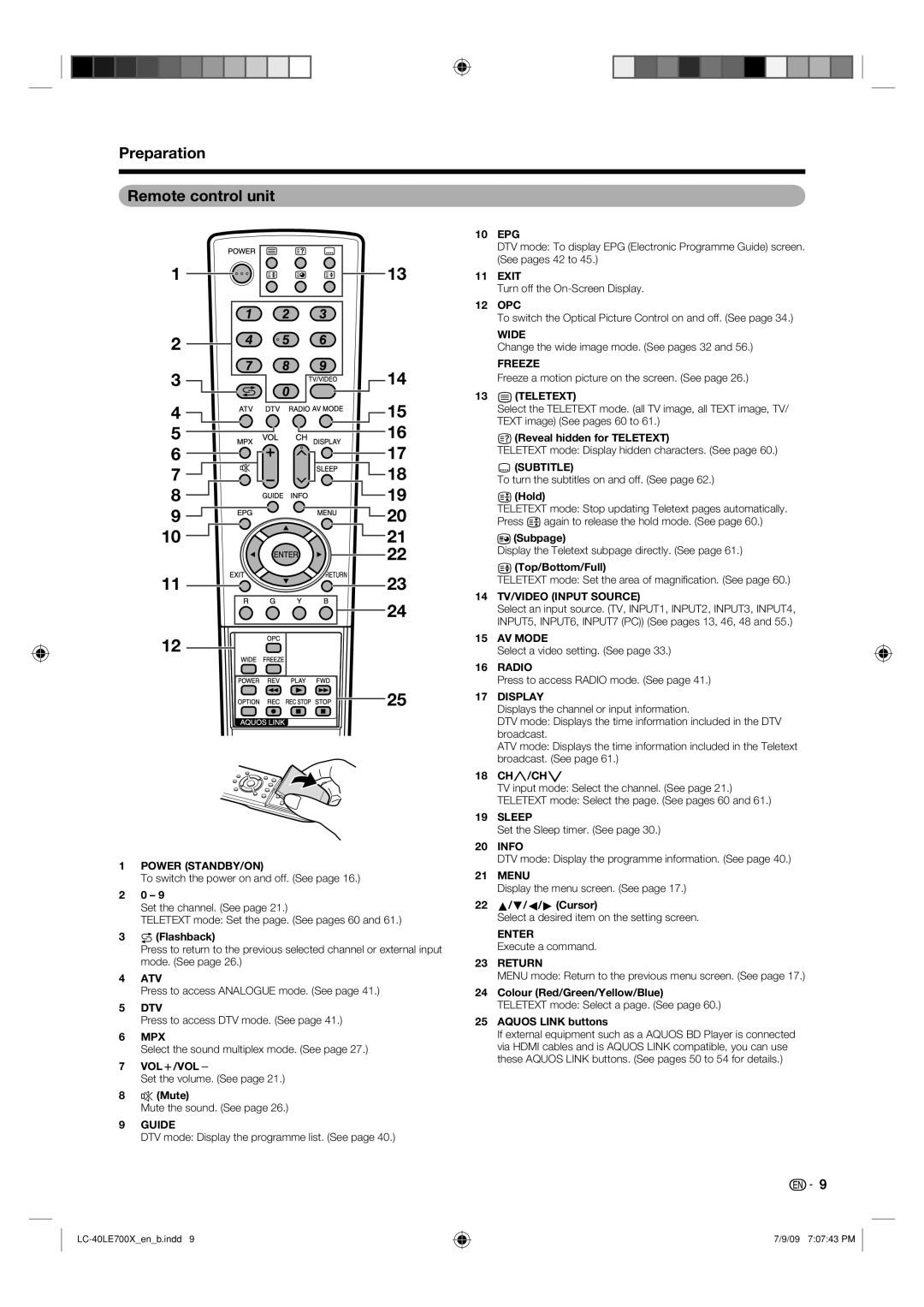 Sharp LC-40LE700X operation manual Preparation Remote control unit, Power STANDBY/ON 