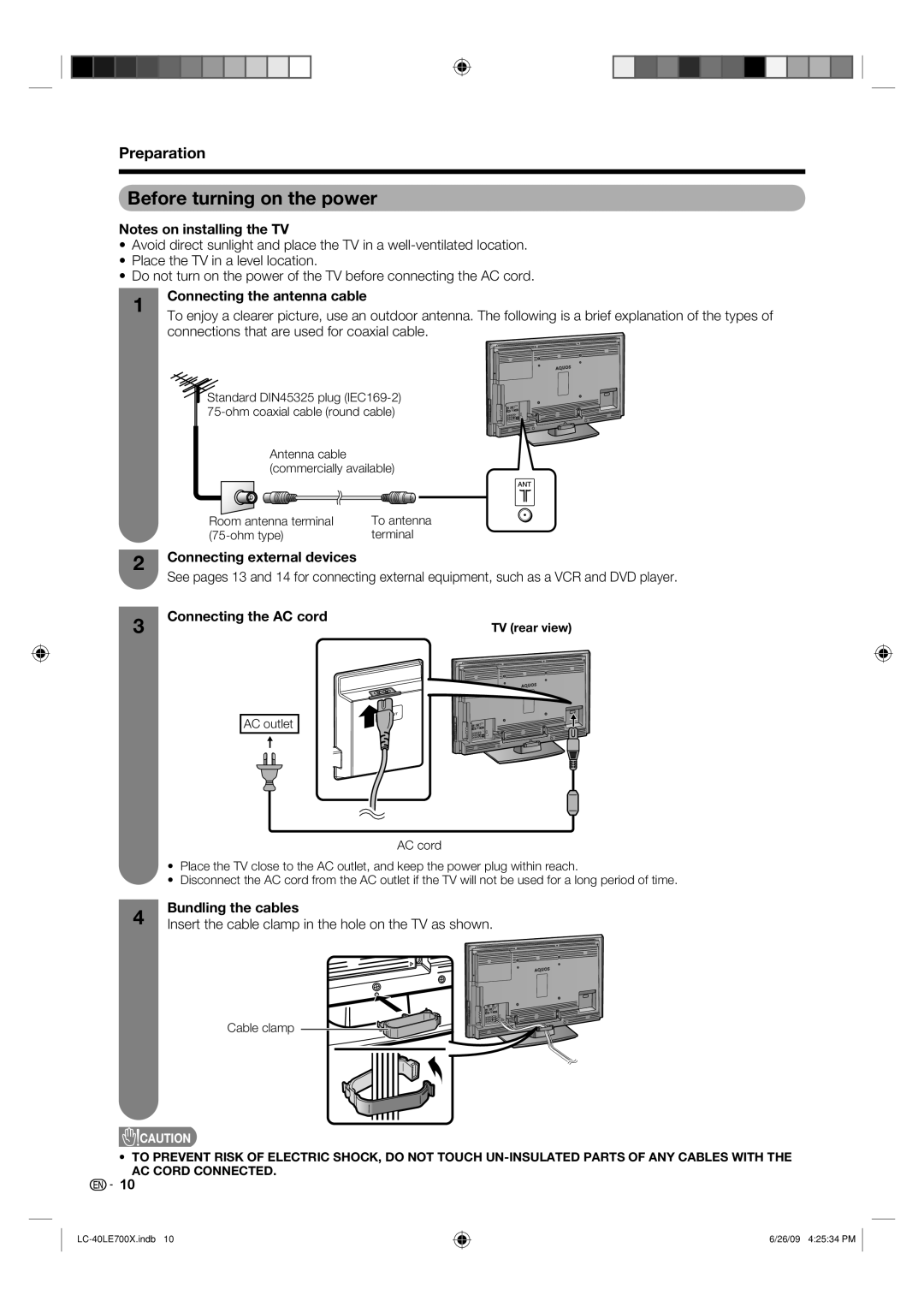 Sharp LC-40LE700X operation manual Before turning on the power, Connecting the antenna cable, Connecting external devices 