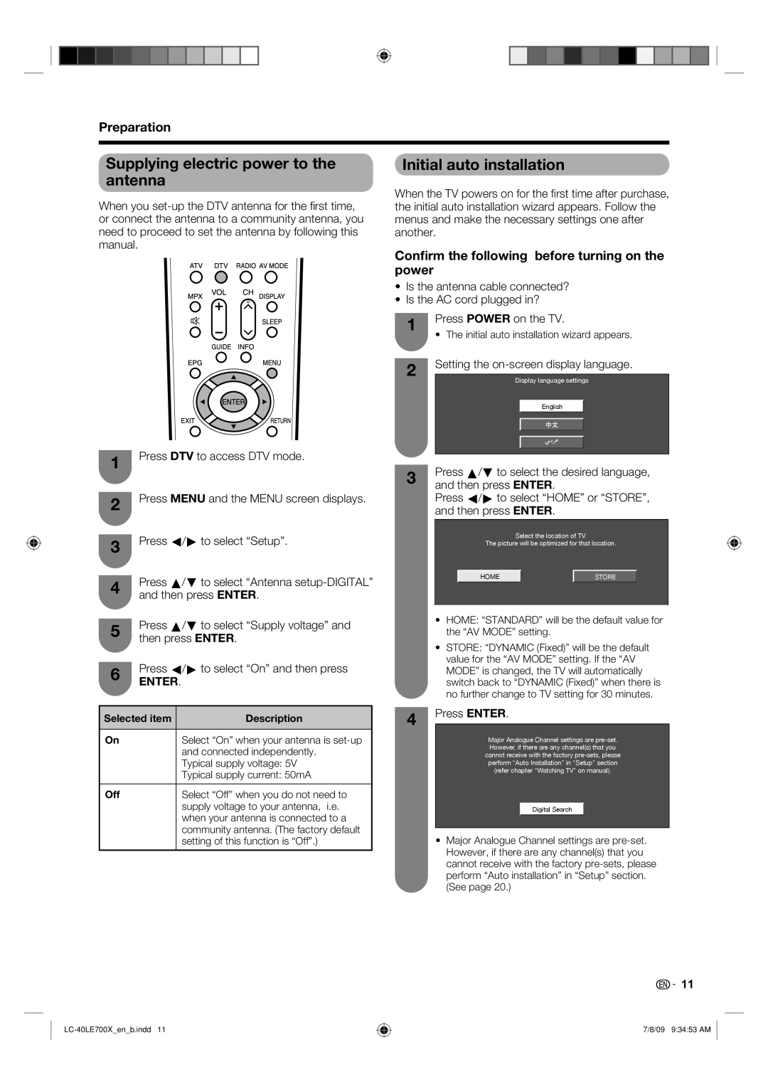 Sharp LC-40LE700X operation manual Supplying electric power to the antenna, Initial auto installation 