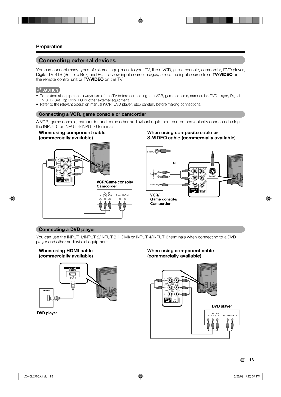 Sharp LC-40LE700X Connecting external devices, Connecting a VCR, game console or camcorder, Connecting a DVD player 