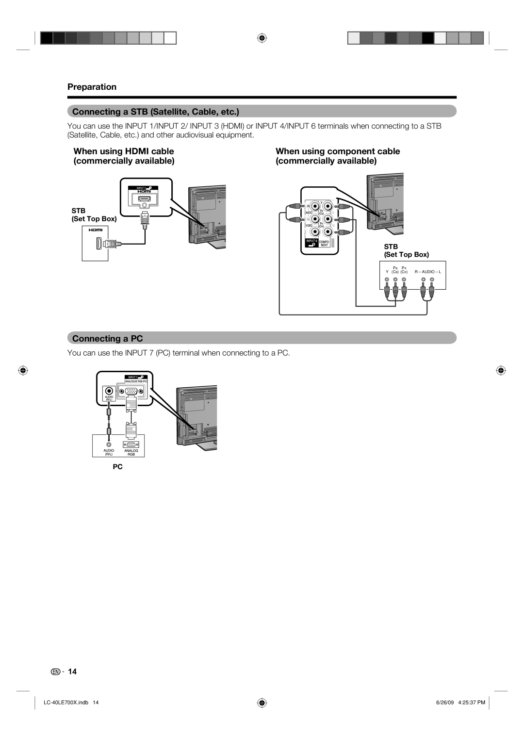 Sharp LC-40LE700X operation manual Preparation Connecting a STB Satellite, Cable, etc, Connecting a PC, Set Top Box 