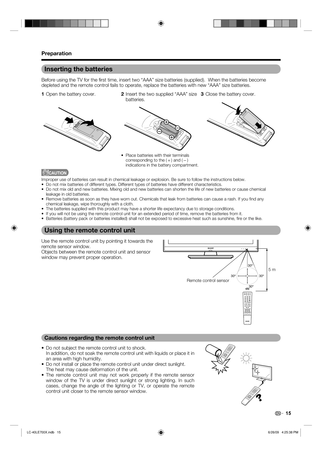 Sharp LC-40LE700X operation manual Inserting the batteries, Using the remote control unit 